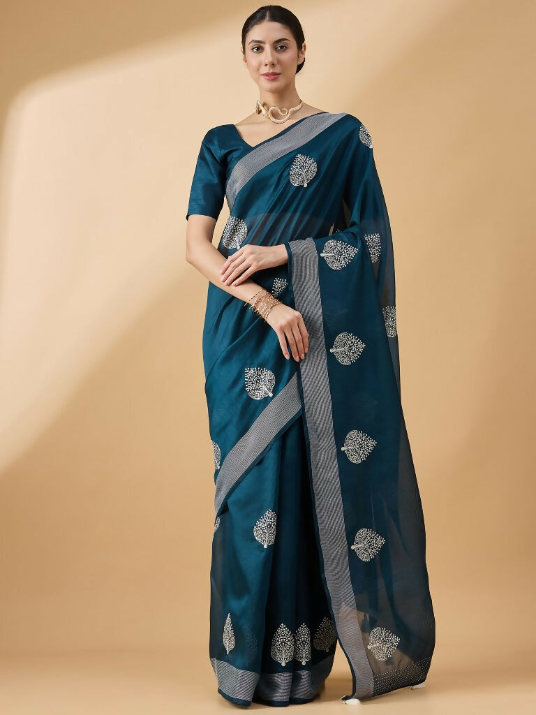 Teal Cotton Blend Thread Embroidered Saree with Unstitched Blouse - Satya