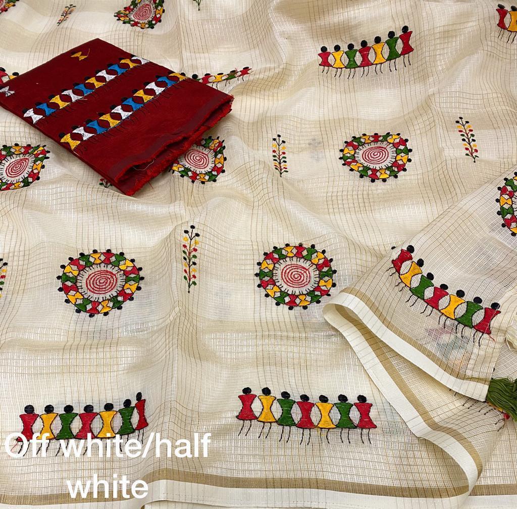 Cream Cotton Blend Warli Saree with Unstitched Blouse - Hiral Fashion
