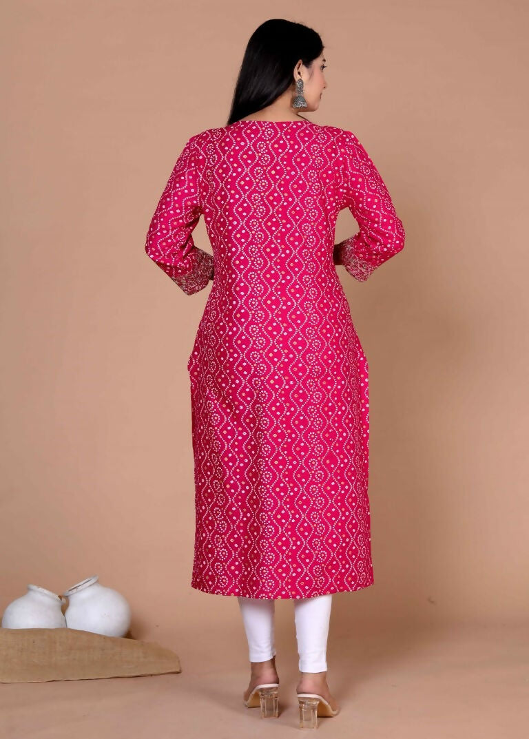 Miravan Women's Embroidered Pink Bandhani Pakistani Straight Kurti