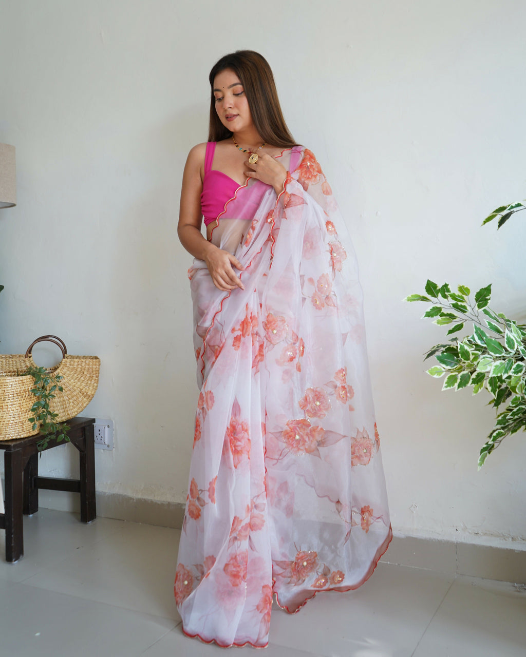 Vamsee Ramya White Organza Saree
