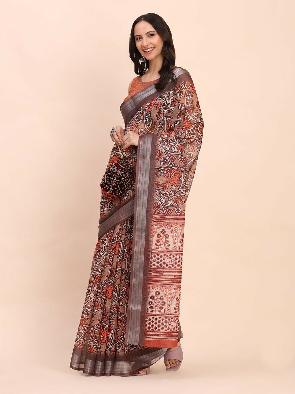 Shree Shyam Fashion Linen Cotton Brown Saree