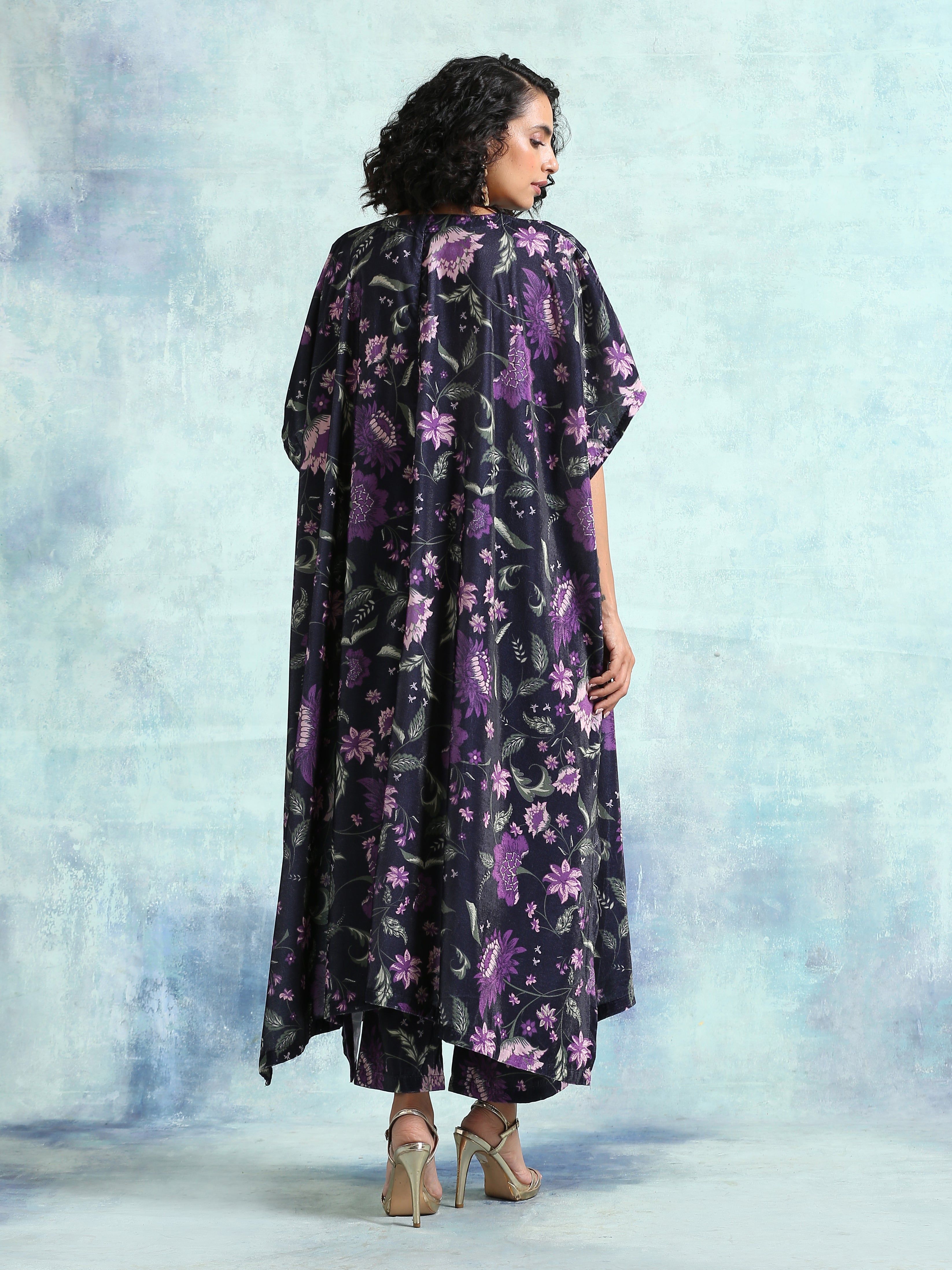 trueBrowns Black Printed Velvet Kaftan Kurta