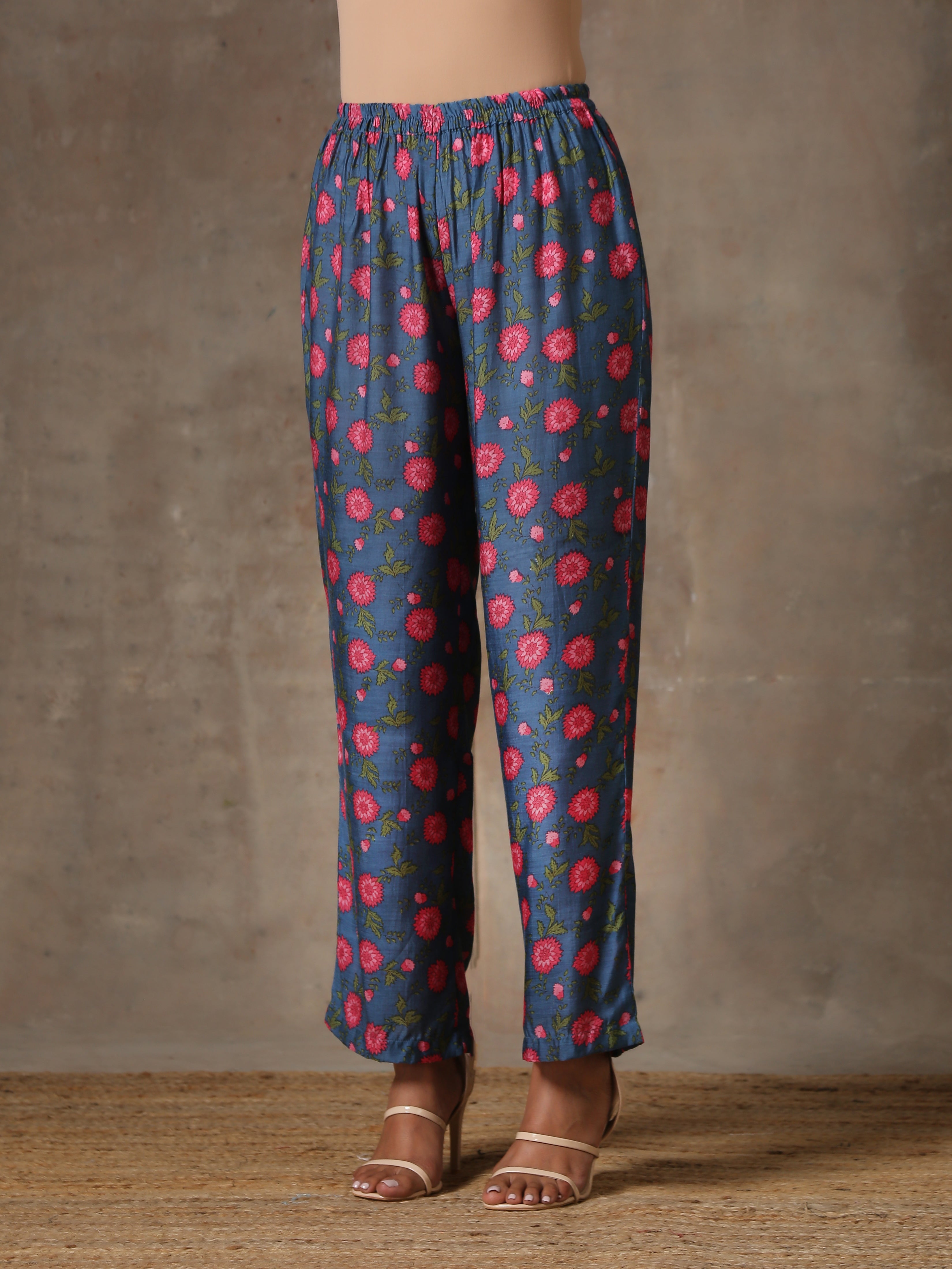 trueBrowns Blue Pink Printed Silk Kurta Pant Set