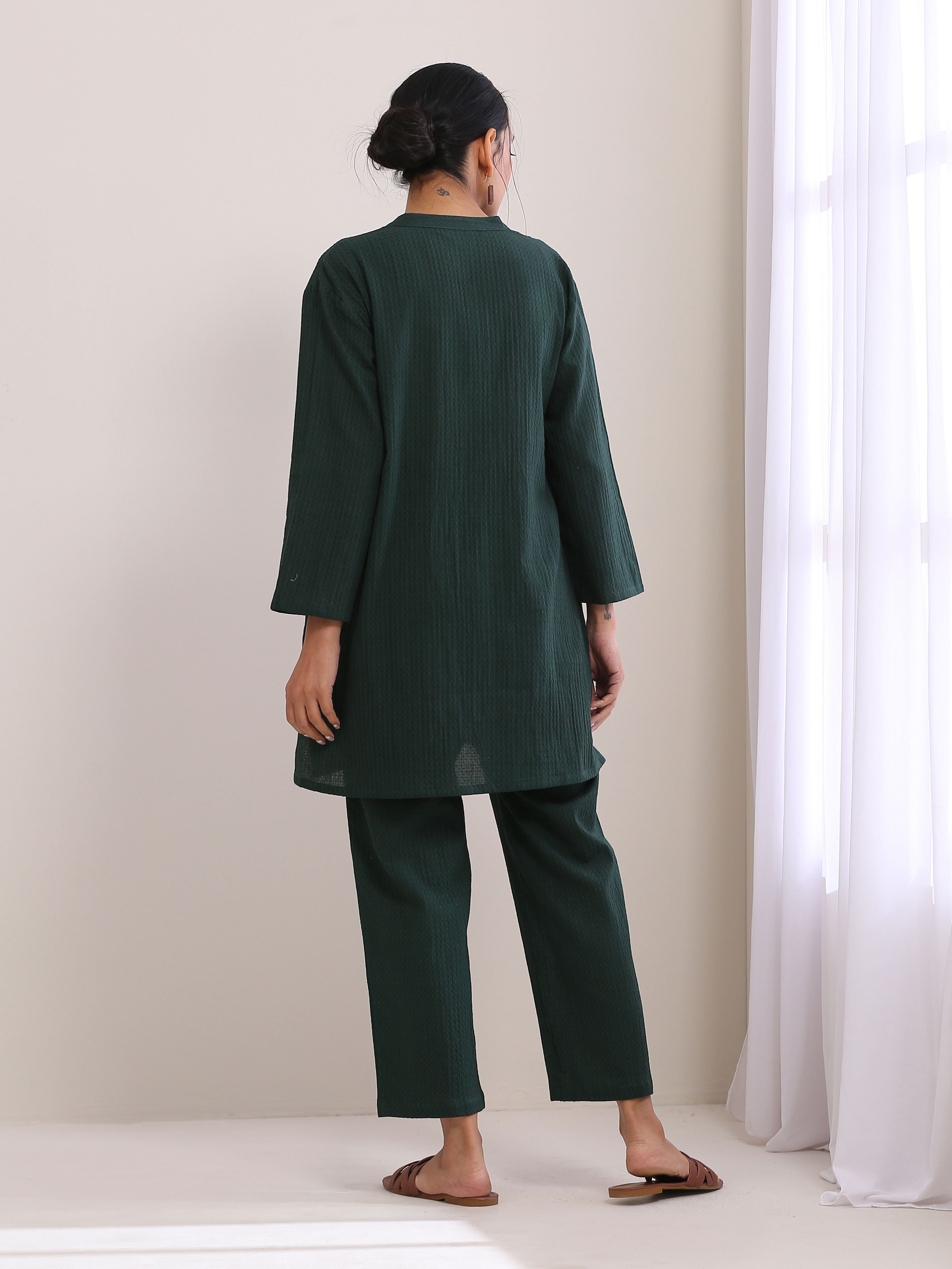 trueBrowns Dark Green Dobby Relaxed Fit Co-Ord Set