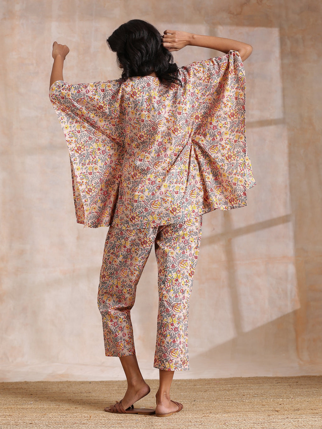 trueBrowns Multicolor Beige Overall Floral Block Print Cotton Kaftan Co-Ord Set