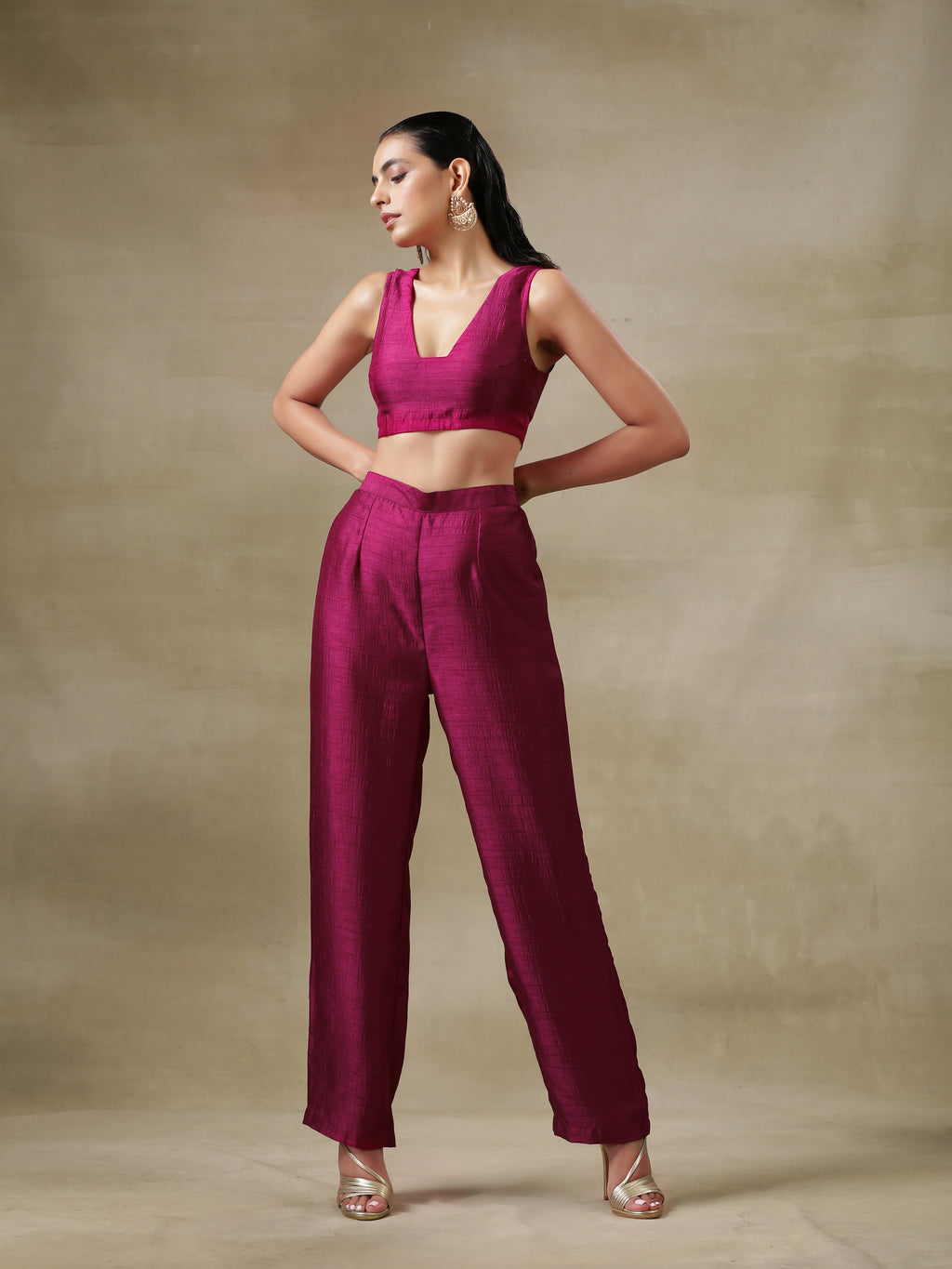 trueBrowns Purple Textured Silk Overlay Jacket Blouse Pant Set | Relove