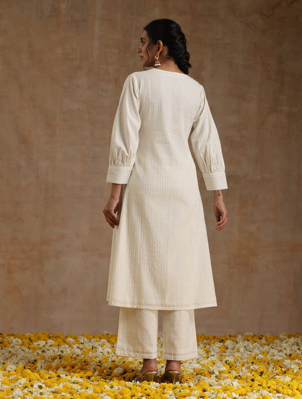trueBrowns Ivory Gold Cotton Overlap Yoke Kurta Set