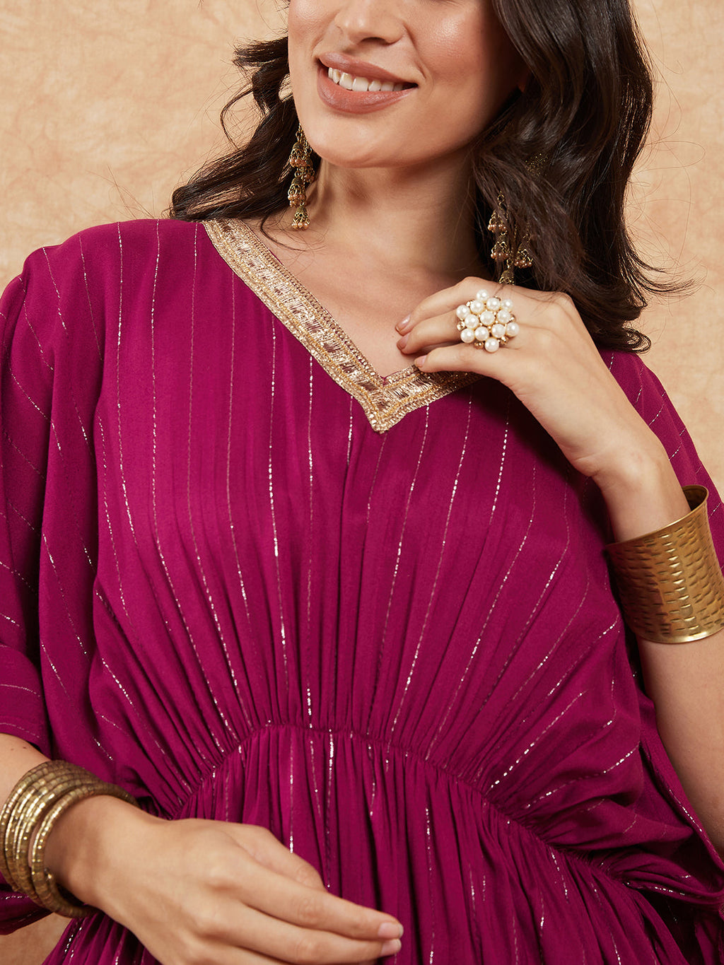 InWeave Women's Magenta Lurex V Neck Gota Kaftan Style Kurta Set