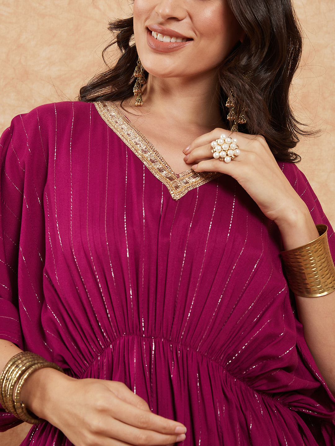 InWeave Women's Magenta Lurex V Neck Gota Kaftan Style Kurta Set