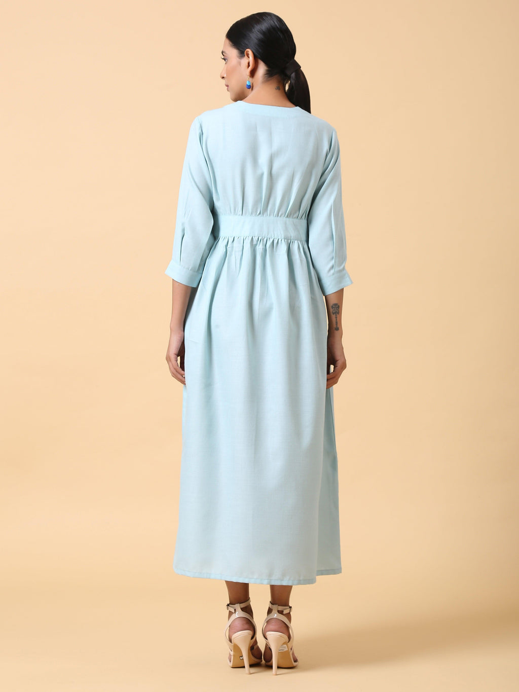 trueBrowns Cotton Linen Light Blue Wrap Dress