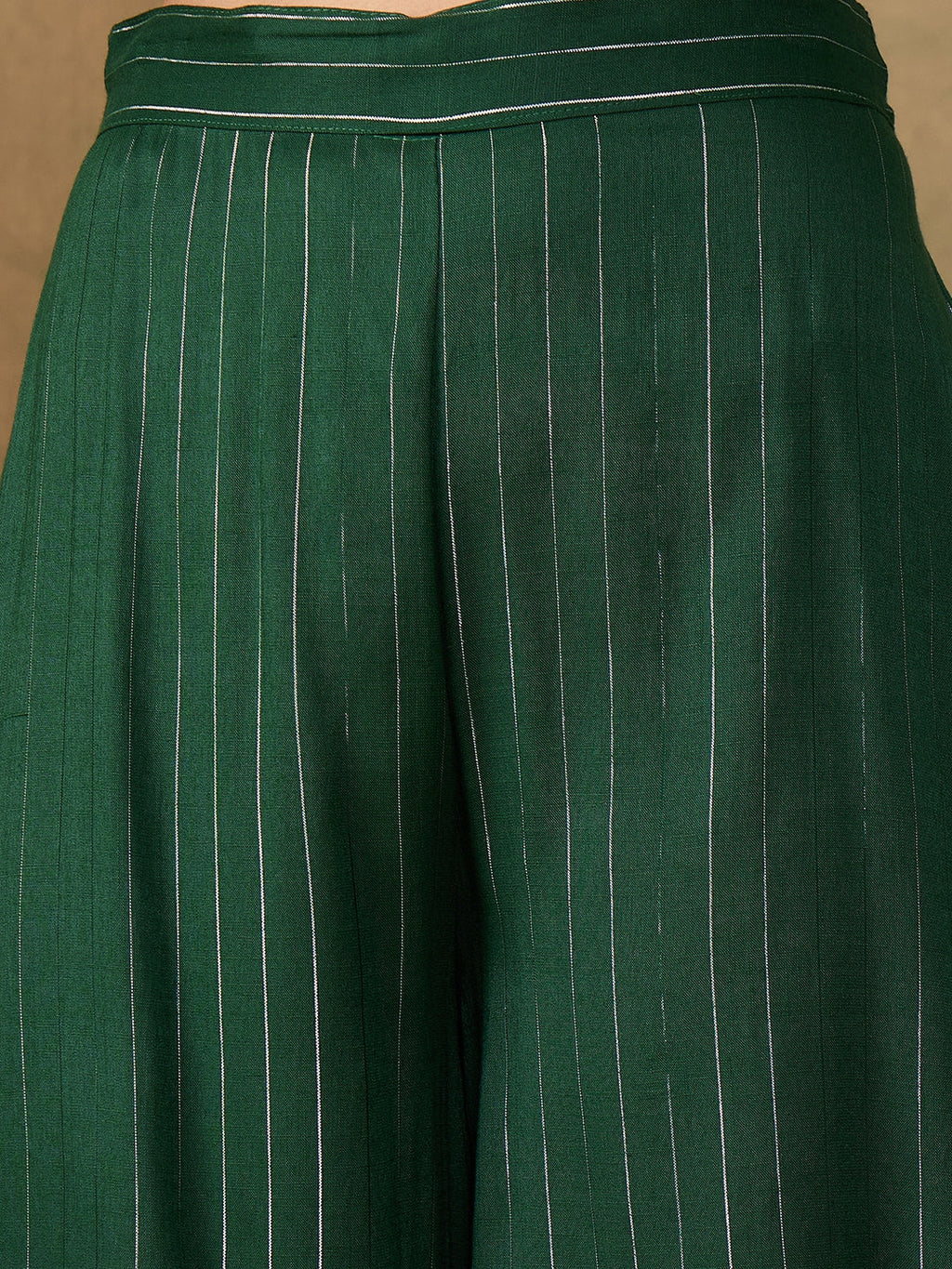 InWeave Women's Pine Green Lurex Flared V Neck Kurta Palazzo Set