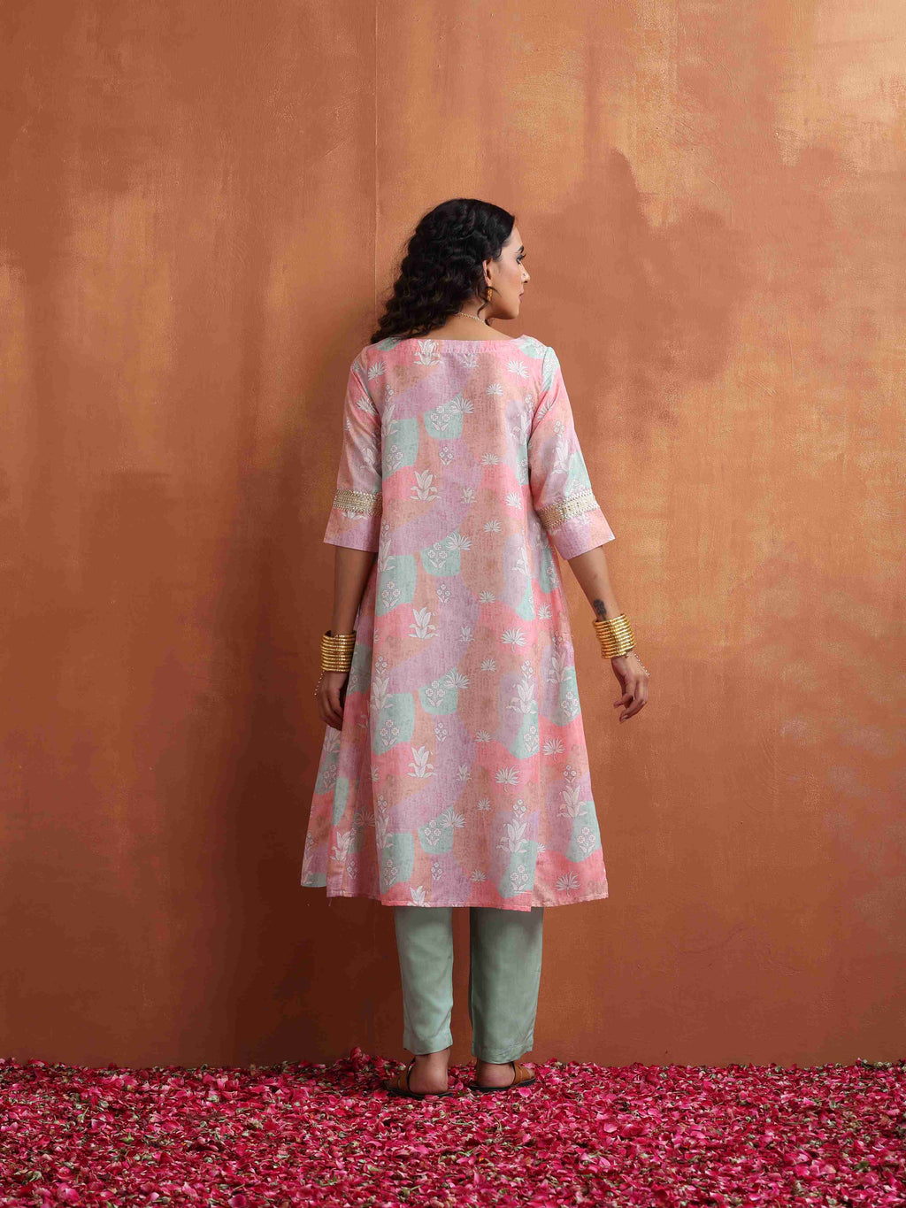 trueBrowns Beige Palm Print A-line Kurta Set