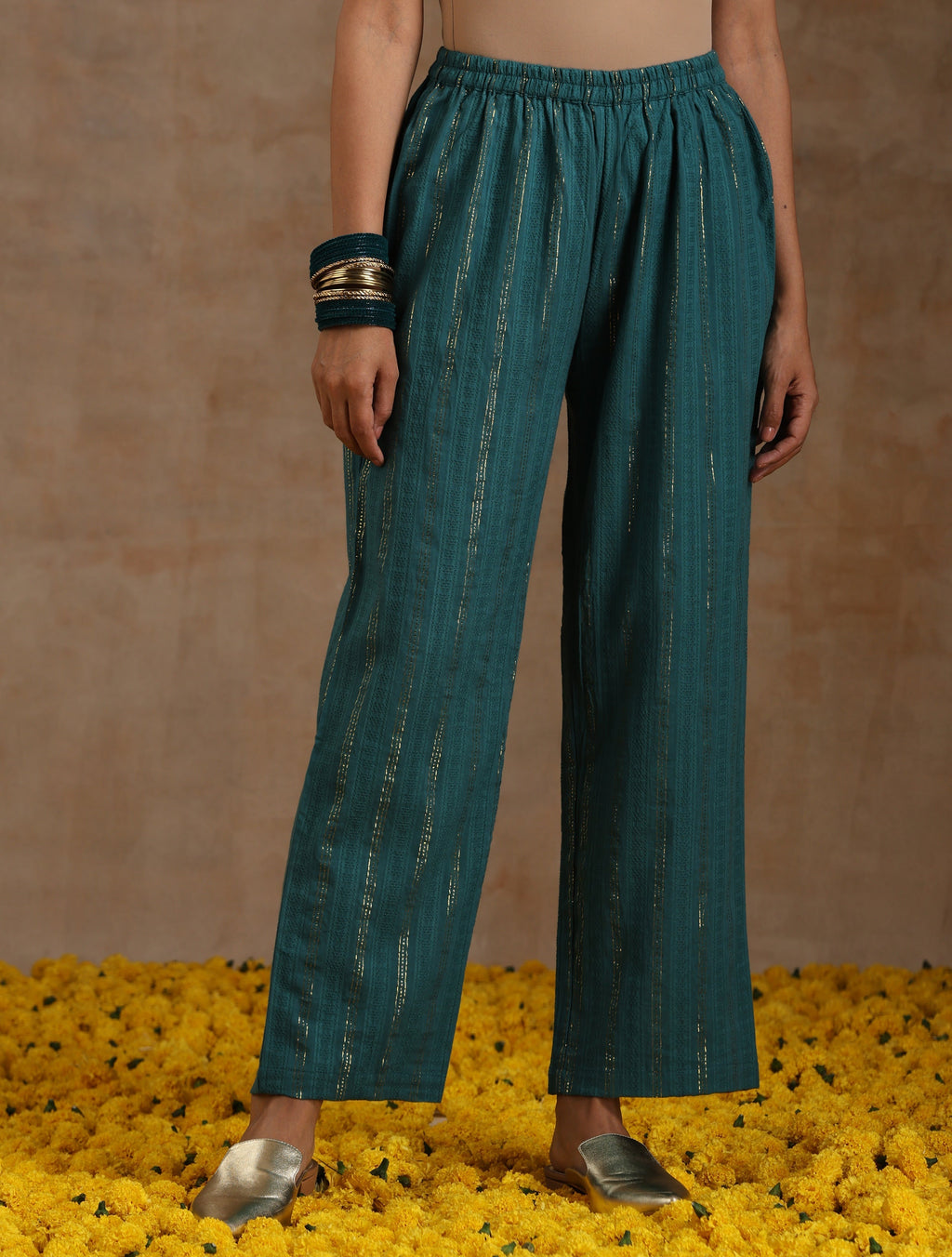 trueBrowns Deep Sea Gold Cotton Kalidar Kurta Set