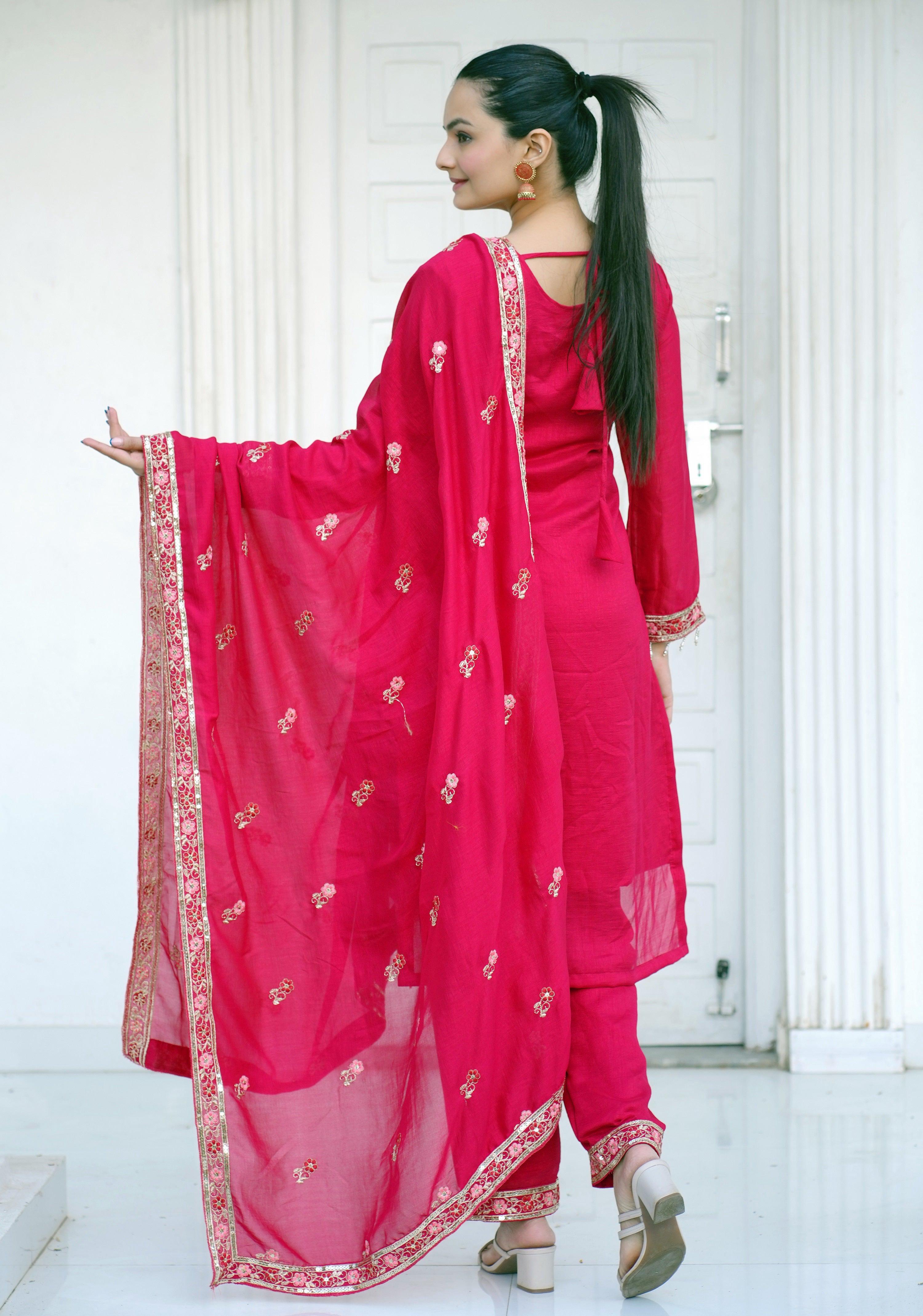 Yash Enterprise Pink Vichitra Silk Party Wear Embroidery Suit Set