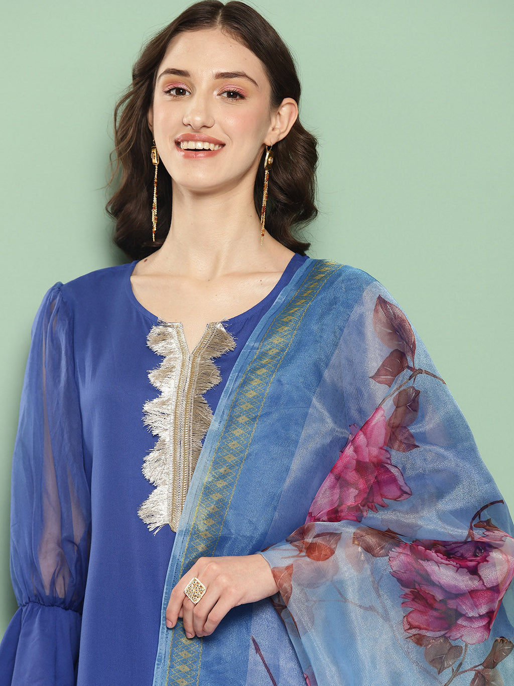 InWeave Women's Ink Blue Organza Sleeve Kurta Set W Blue Fuchsia Or Dupatta