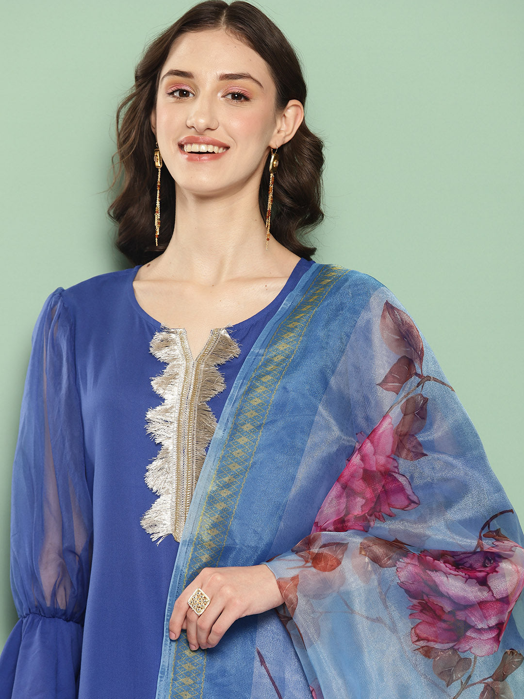 InWeave Women's Ink Blue Organza Sleeve Kurta Set W Blue Fuchsia Or Dupatta