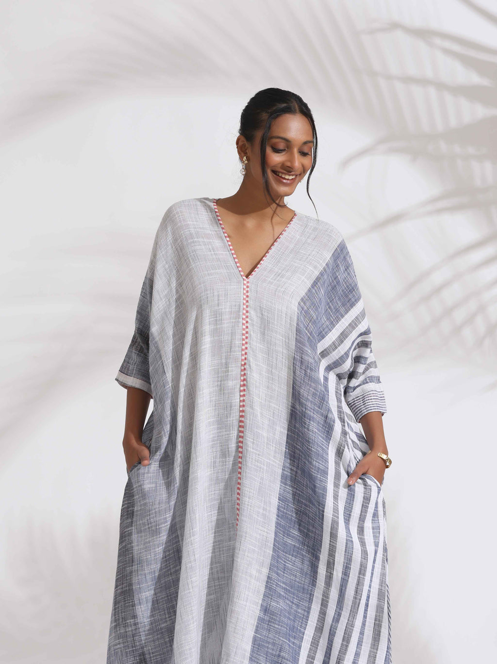 trueBrowns Off-White Cotton Multi Stripe Flared Kurta Set