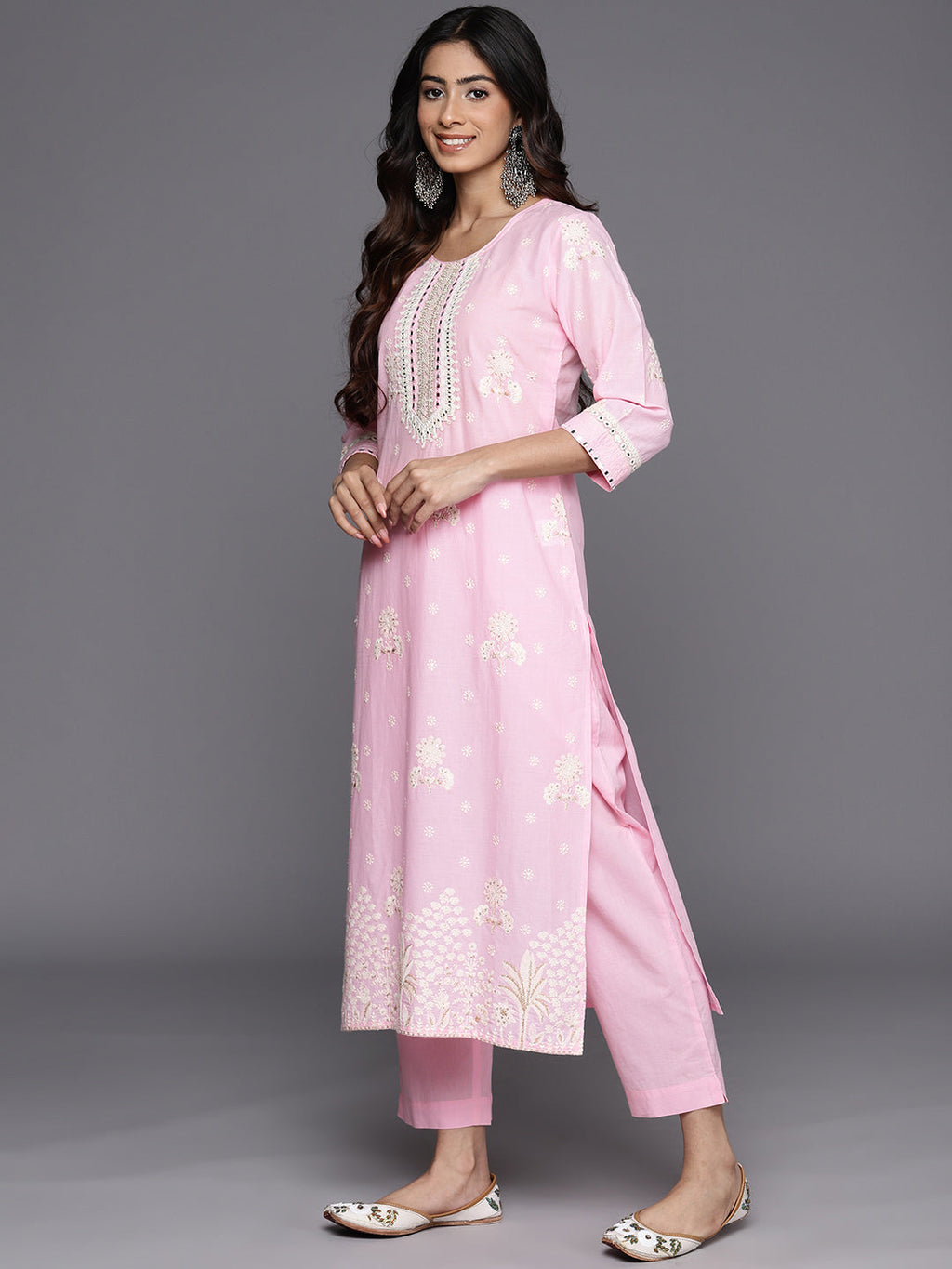 KSUT (House of Varanga) Pink Thread And Mirror Embroidered Kurta Paired With Straight Trouser And Chiffon Dupatta