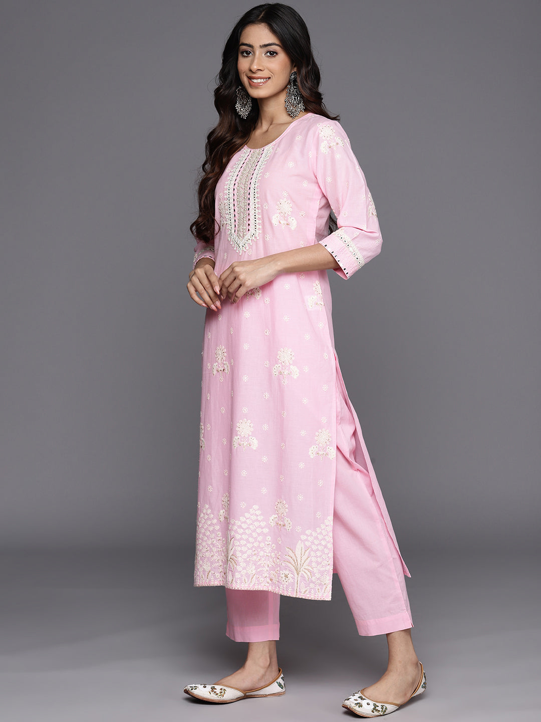 KSUT (House of Varanga) Pink Thread And Mirror Embroidered Kurta Paired With Straight Trouser And Chiffon Dupatta