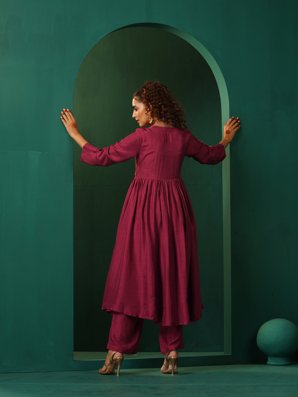 trueBrowns Maroon Silk Angrakha Kurta Pant Set