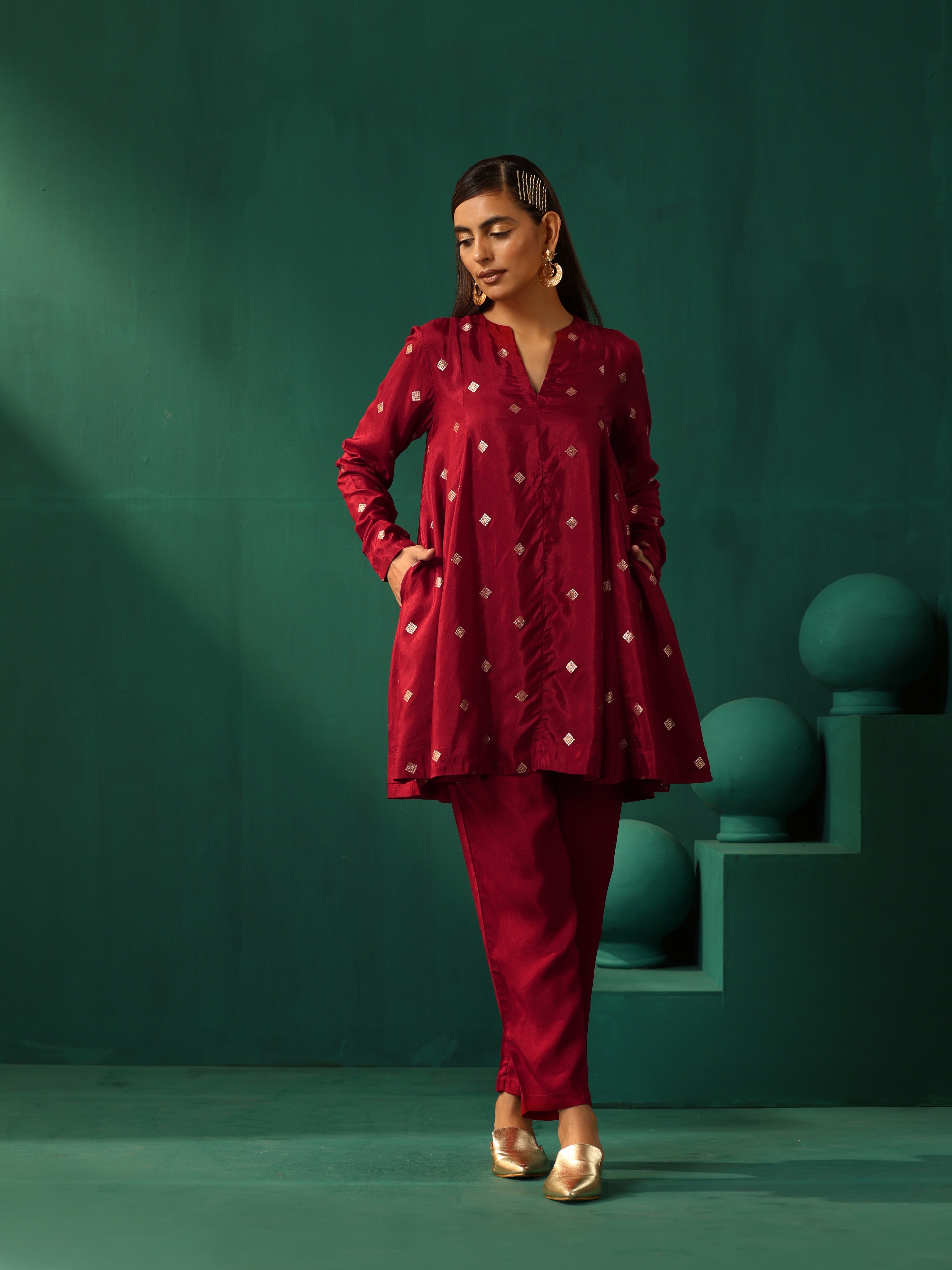 trueBrowns Maroon Diamond Viscose Silk Relaxed Co-ord Set