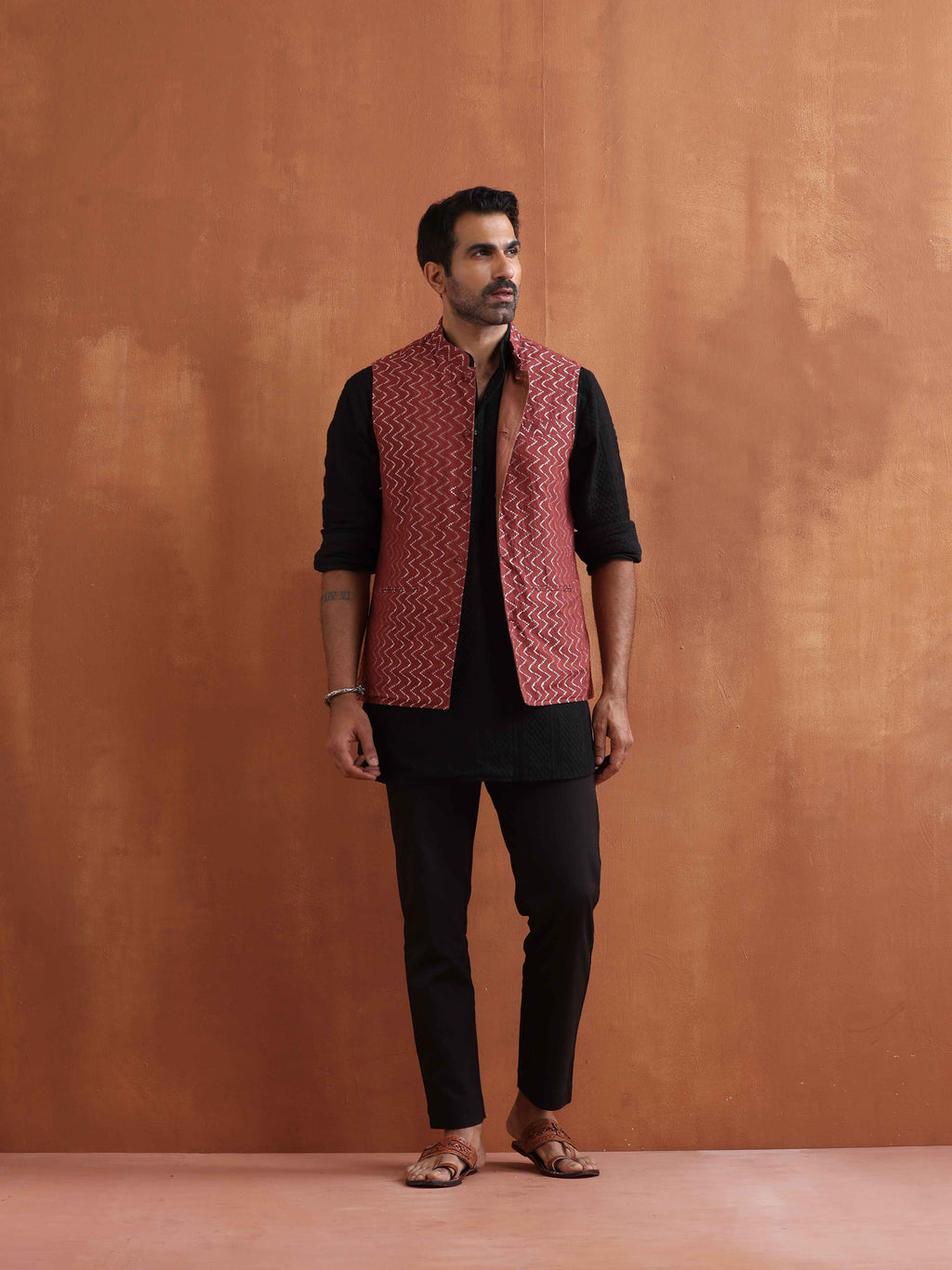 trueBrowns Men's Rust Cotton Dobby Nehru Jacket