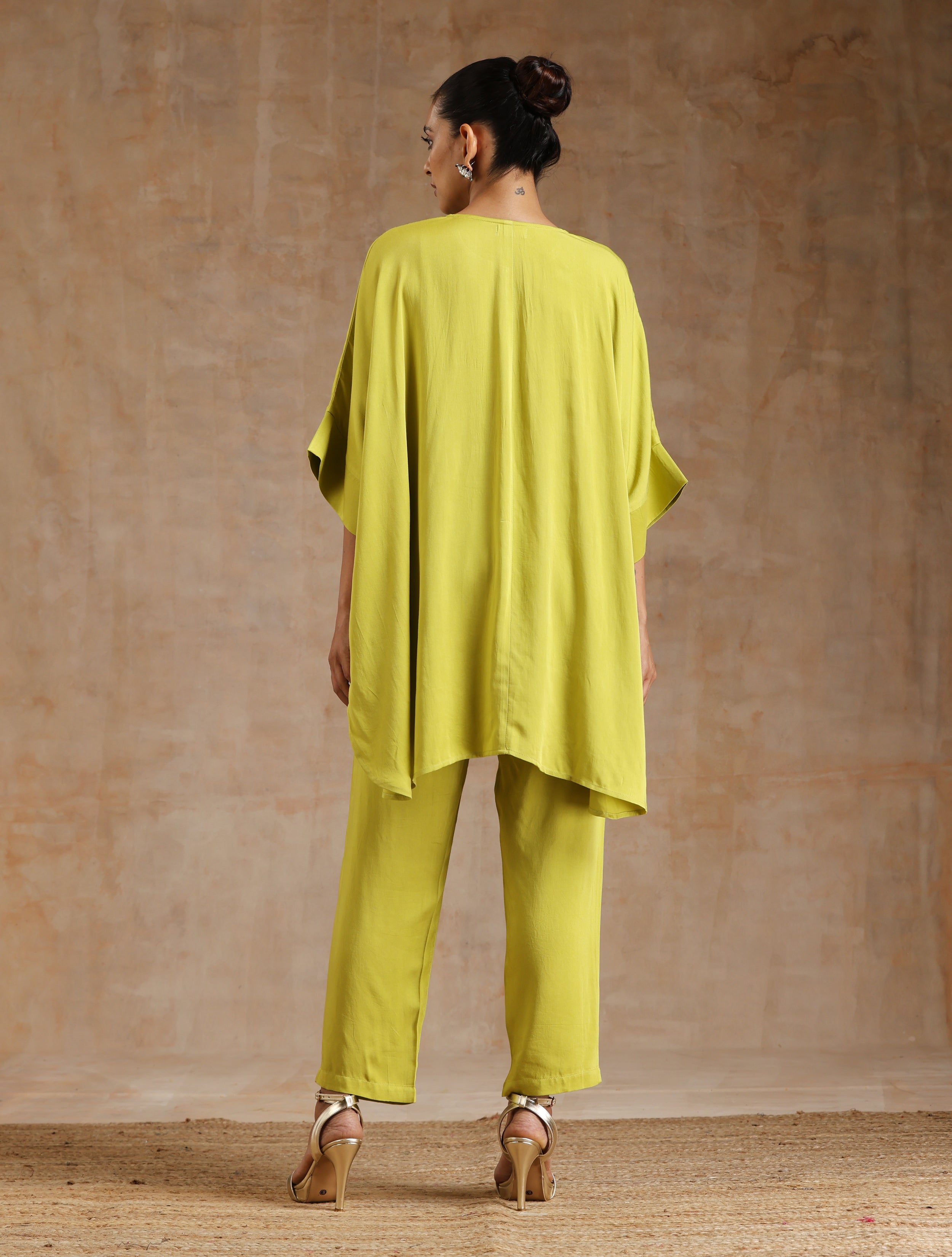 trueBrowns Lime Modal Satin Boxy Fit High-Low Co-Ord Set