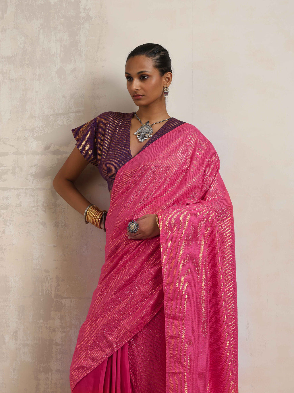 trueBrowns Pink Gold Metallic Ready To Wear Saree