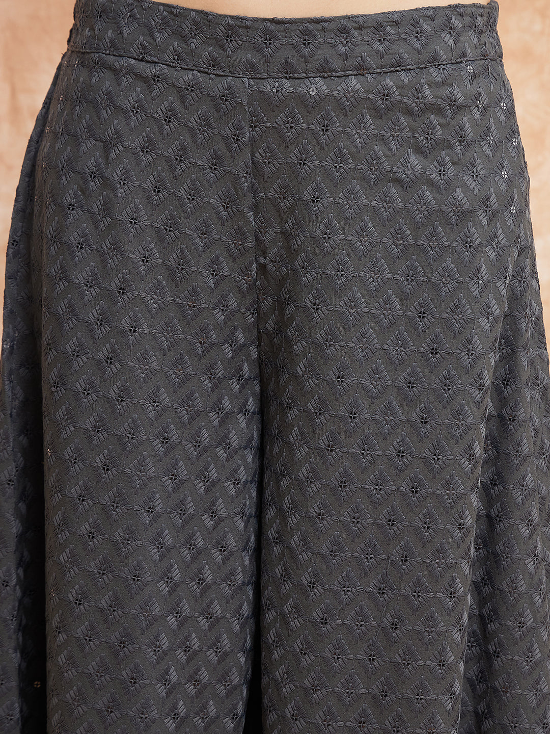 InWeave Women's Grey Chikankari Long Anarkali Kurta Sharara Set