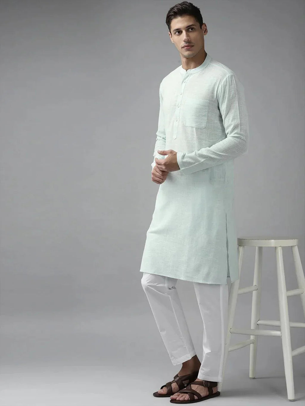Fabmade Men Sky Blue Cotton Linen Kurta Pyjama