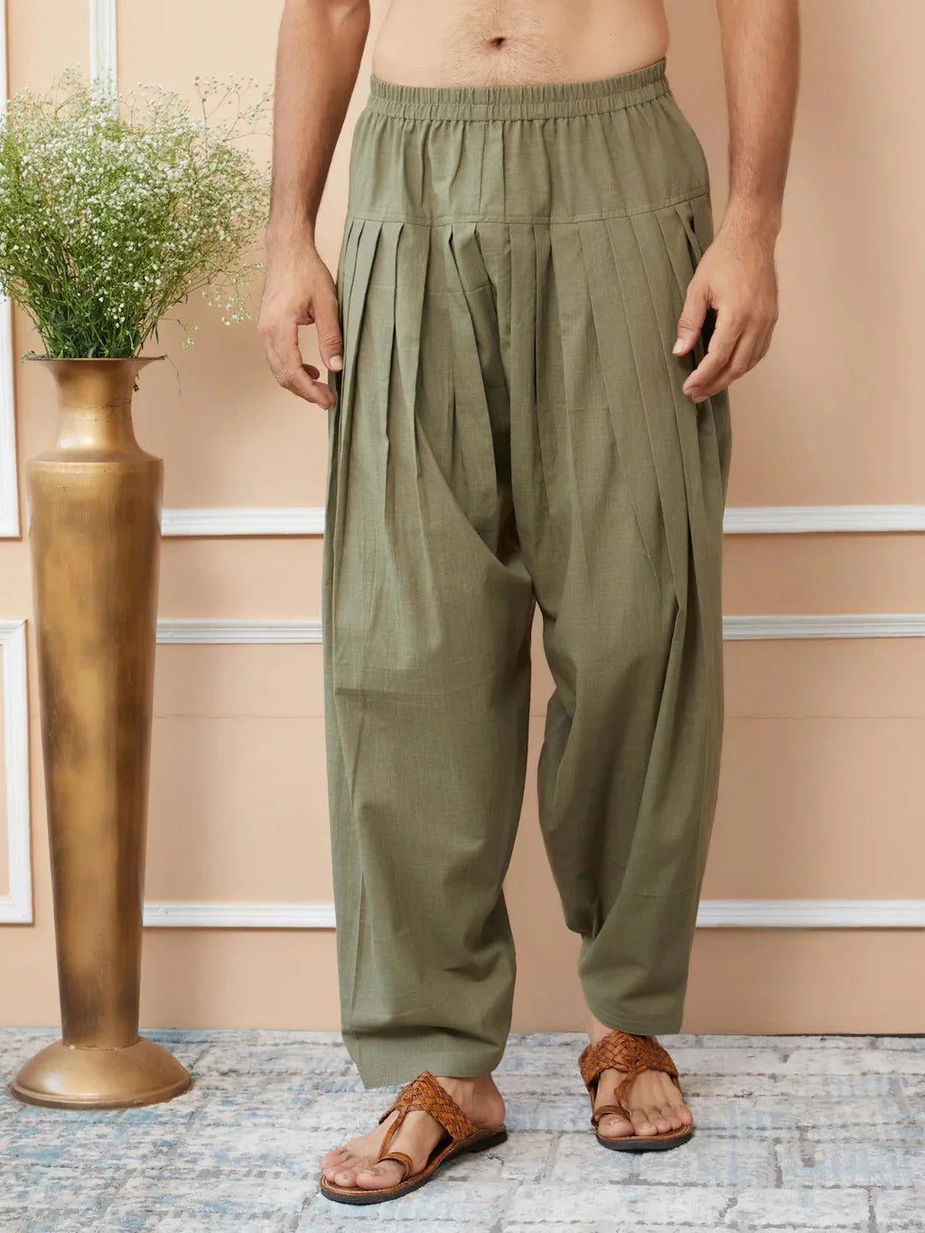 Fabmade Olive Cotton Linen Pathani Kurta With Salwar
