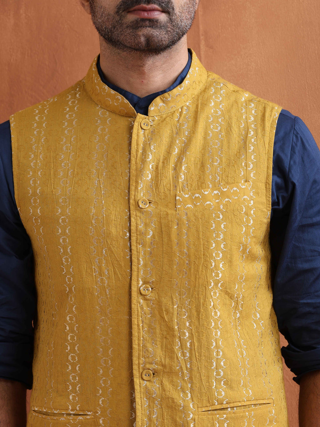 trueBrowns Men's Mustard Cotton Dobby Reversible Nehru Jacket