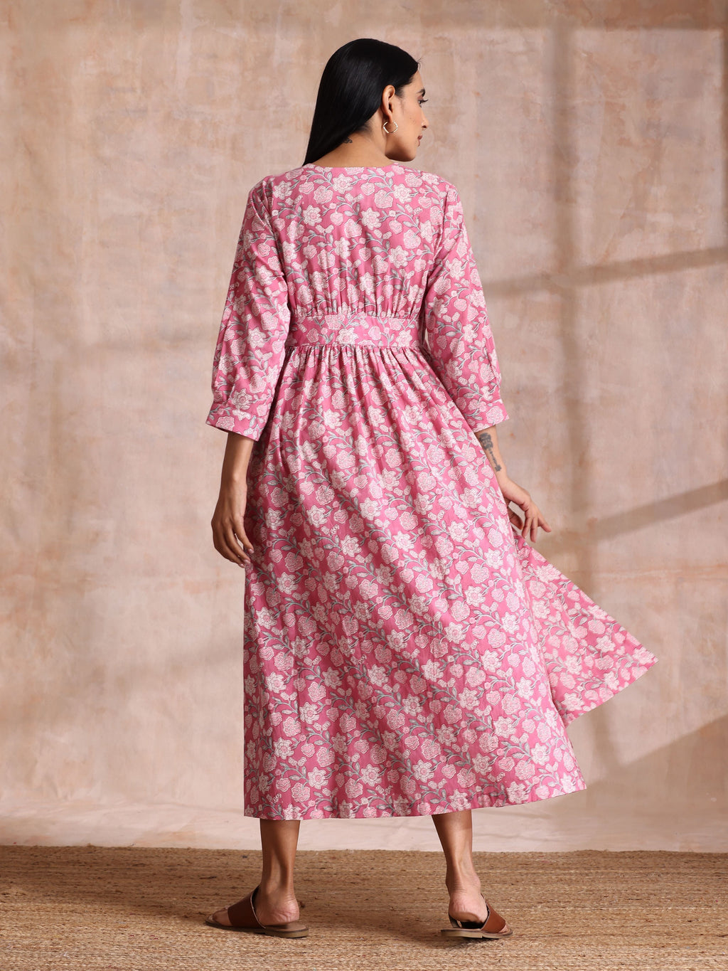 trueBrowns Pink Overall Floral Block Print Cotton Wrap Dress