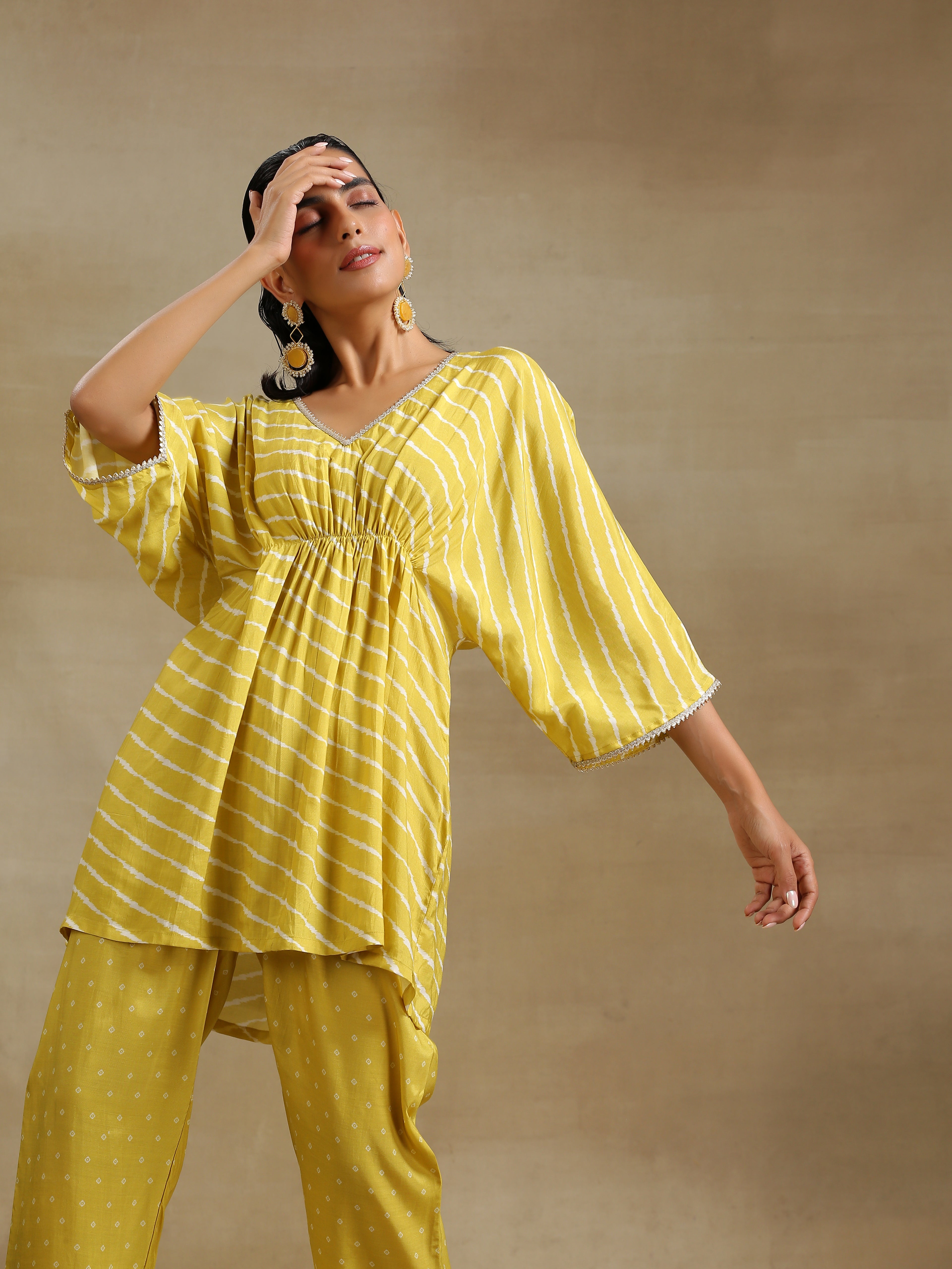 trueBrowns Lime Green Bandhani Printed Silk Drop Shoulder Co-Ord Set