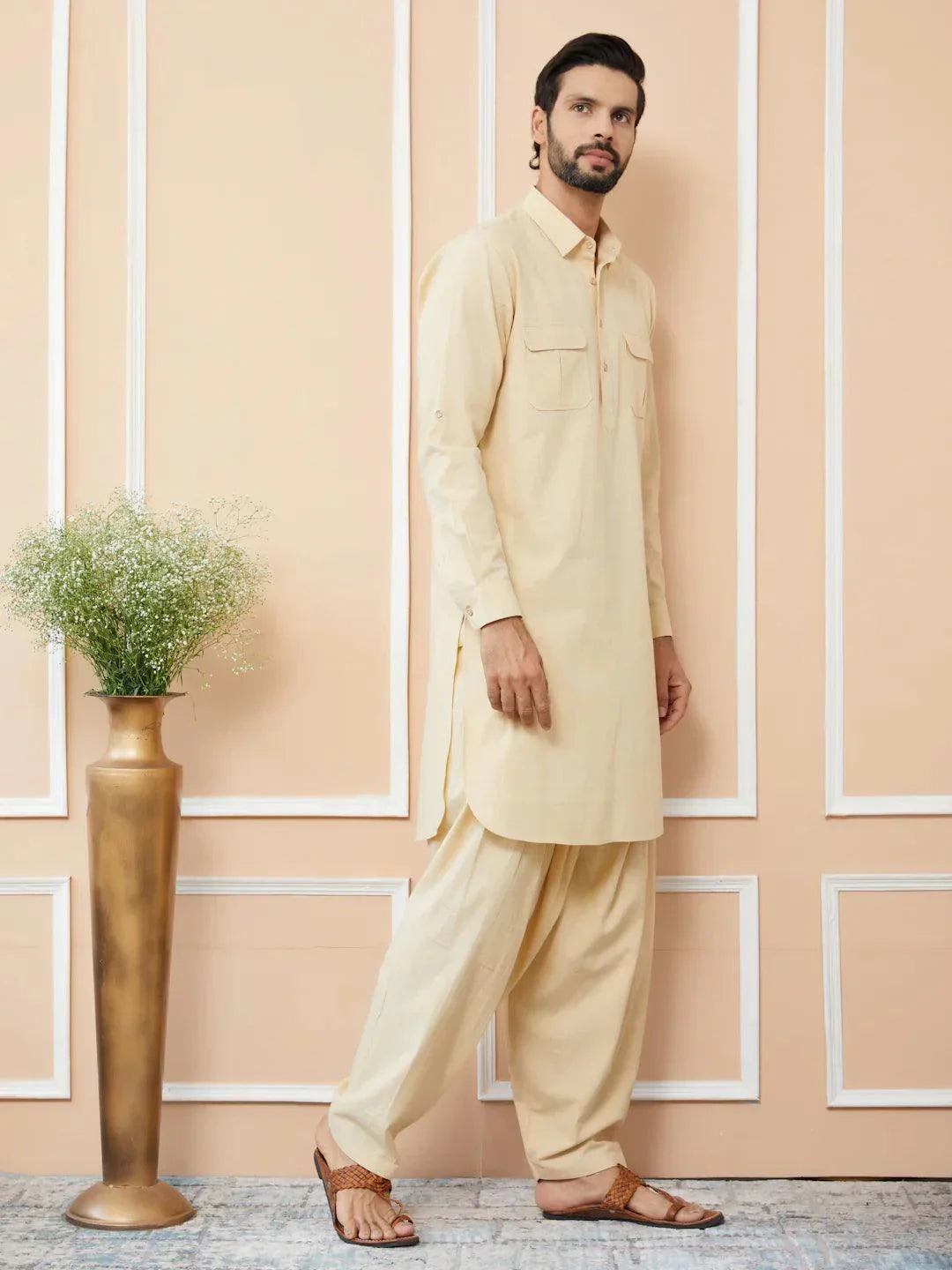 Fabmade Beige Cotton Linen Pathani Kurta With Salwar