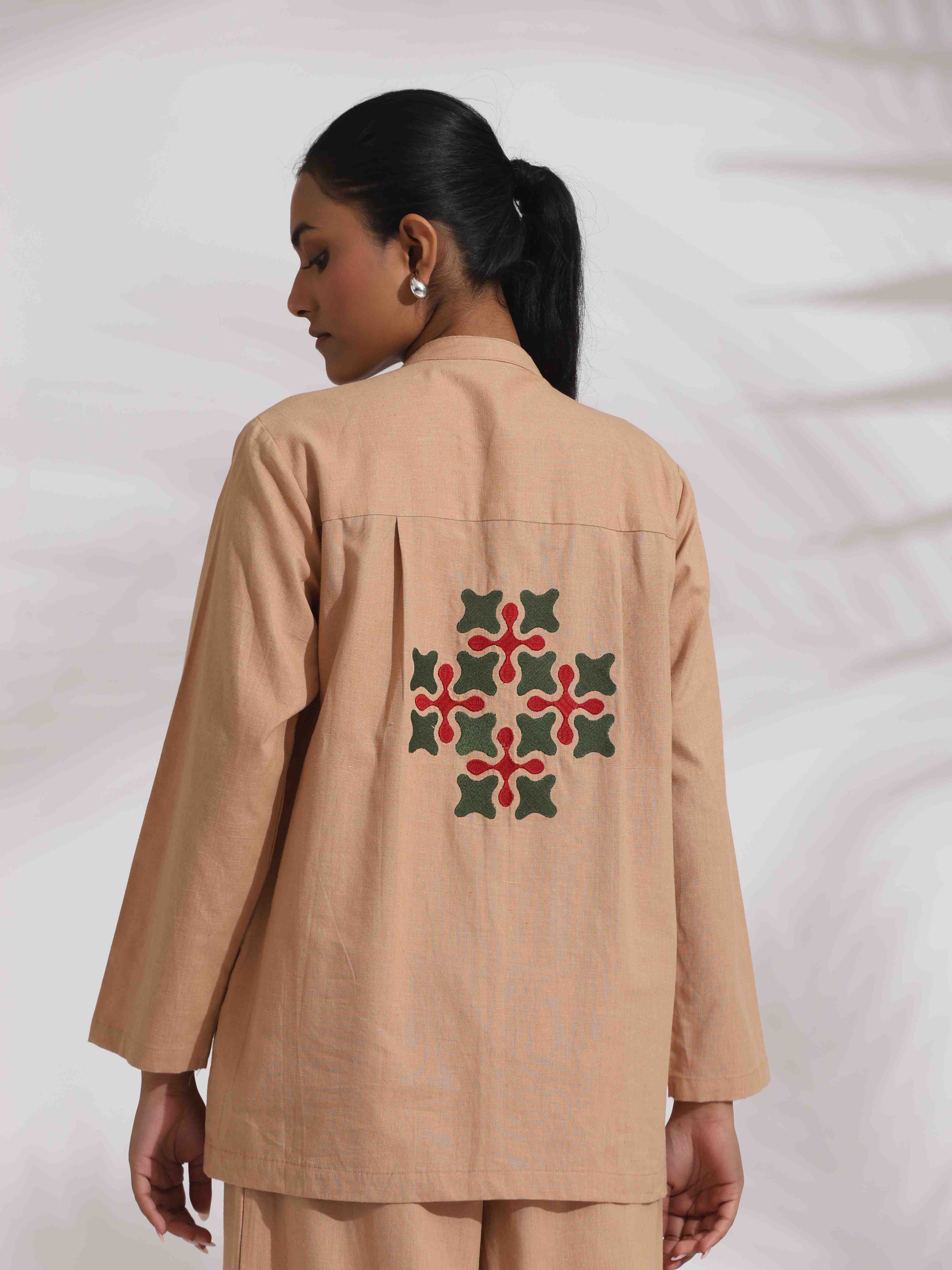 trueBrowns Beige Cotton Embroidered Shirt Top Co-ord Set