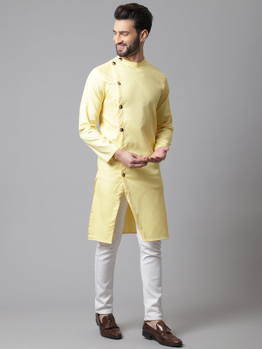 Even Apparels Yellow Sherwani Kurta With Asymetrical Cut
