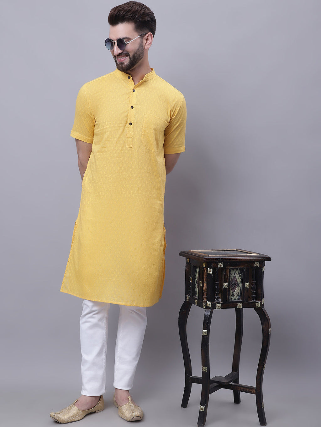 Even Apparels Yellow Pure Cotton Short Sleeves Kurta With Band Collar