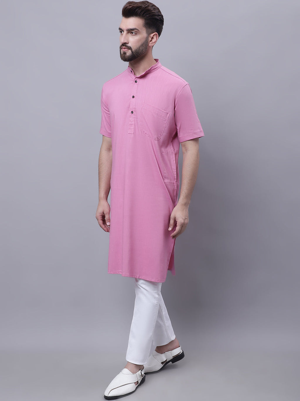 Even Apparels Pink Pure Cotton Short Sleeves Kurta With Band Collar