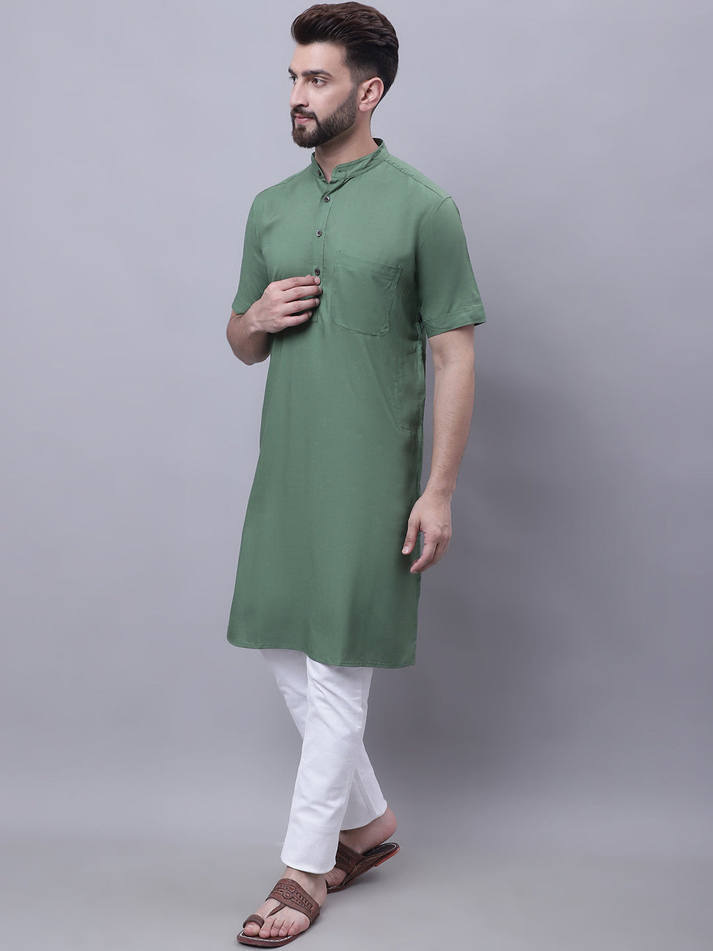 Even Apparels Green Pure Cotton Short Sleeves Kurta With Band Collar