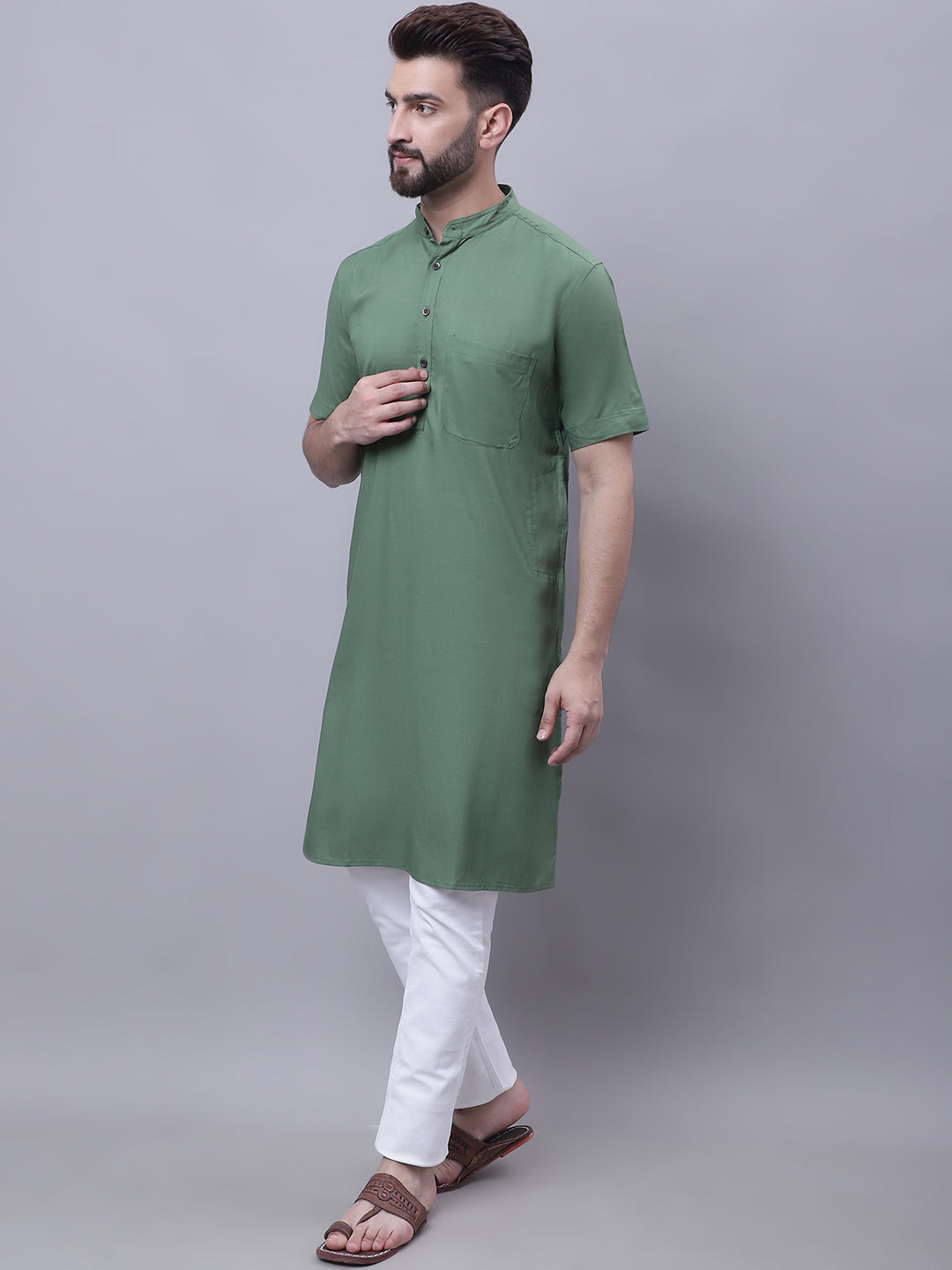Even Apparels Green Pure Cotton Short Sleeves Kurta With Band Collar