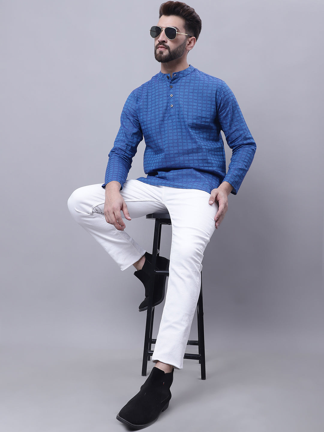 Even Apparels Blue Pure Cotton Short Kurta With Band Collar