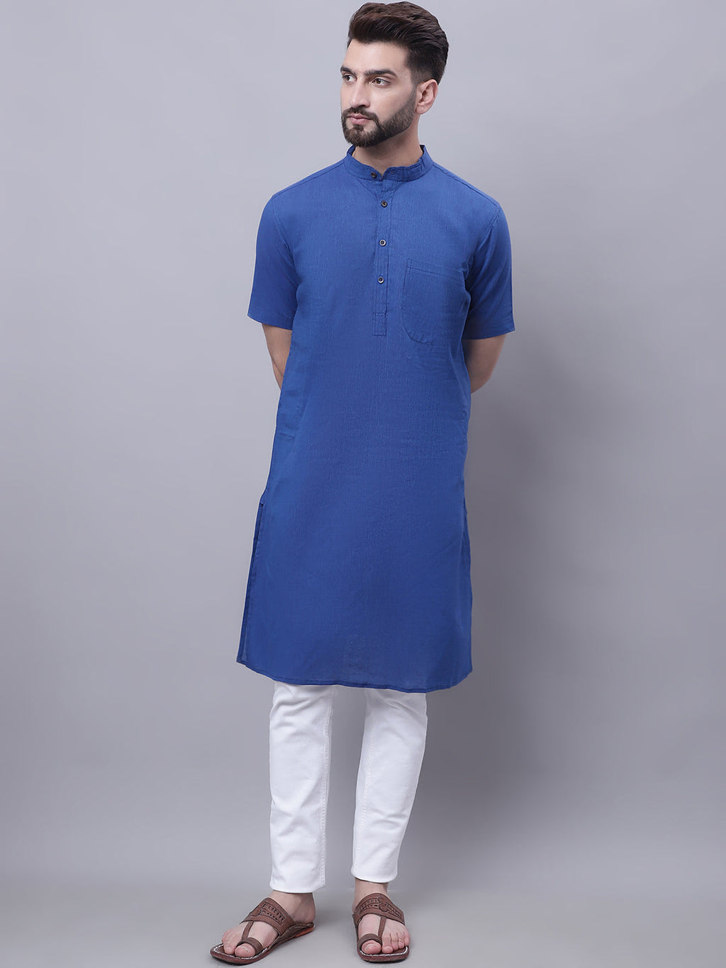 Even Apparels Blue Pure Cotton Short Sleeves Kurta With Band Collar