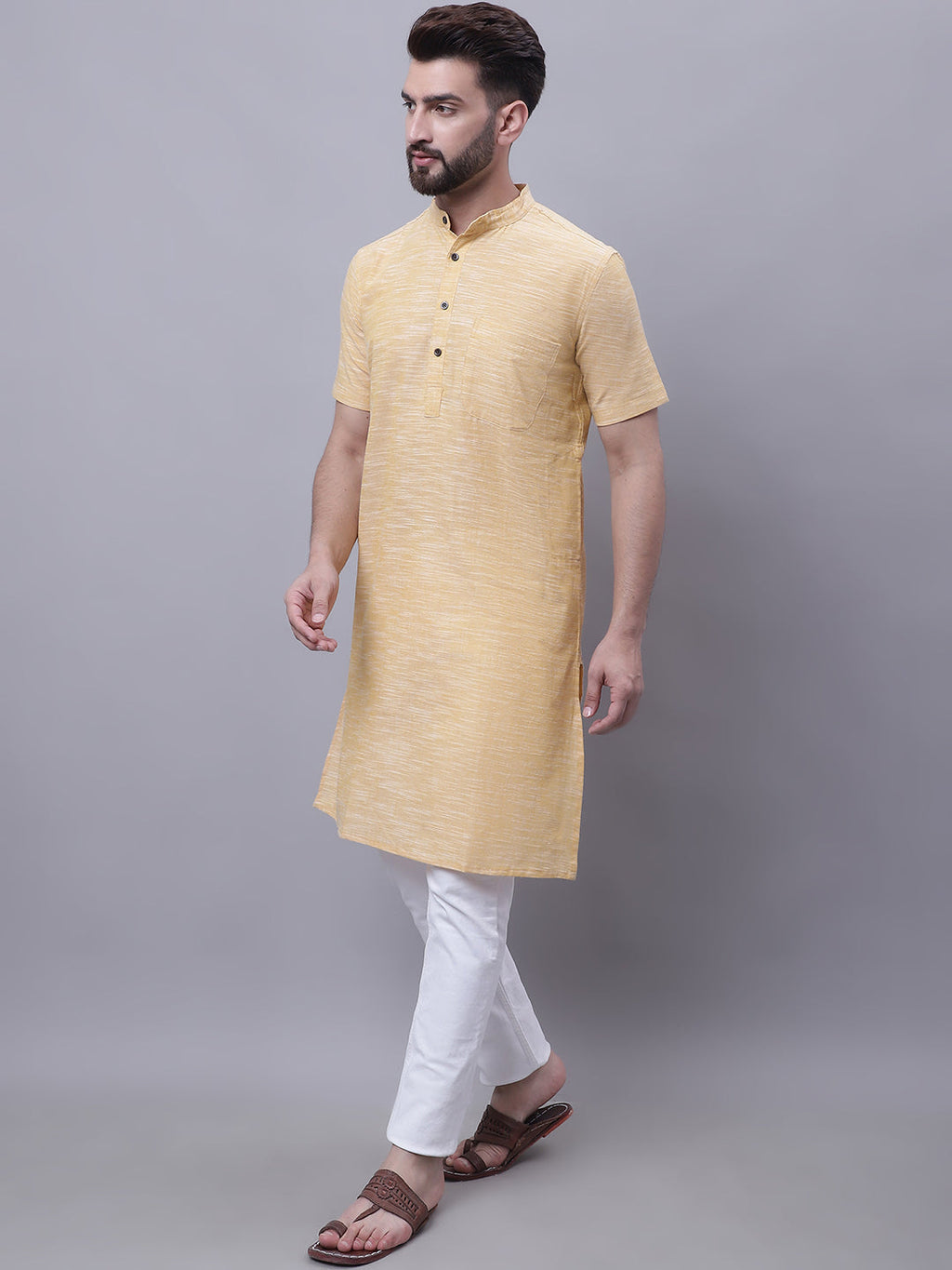 Even Apparels Yellow Pure Cotton Short Sleeves Kurta With Band Collar