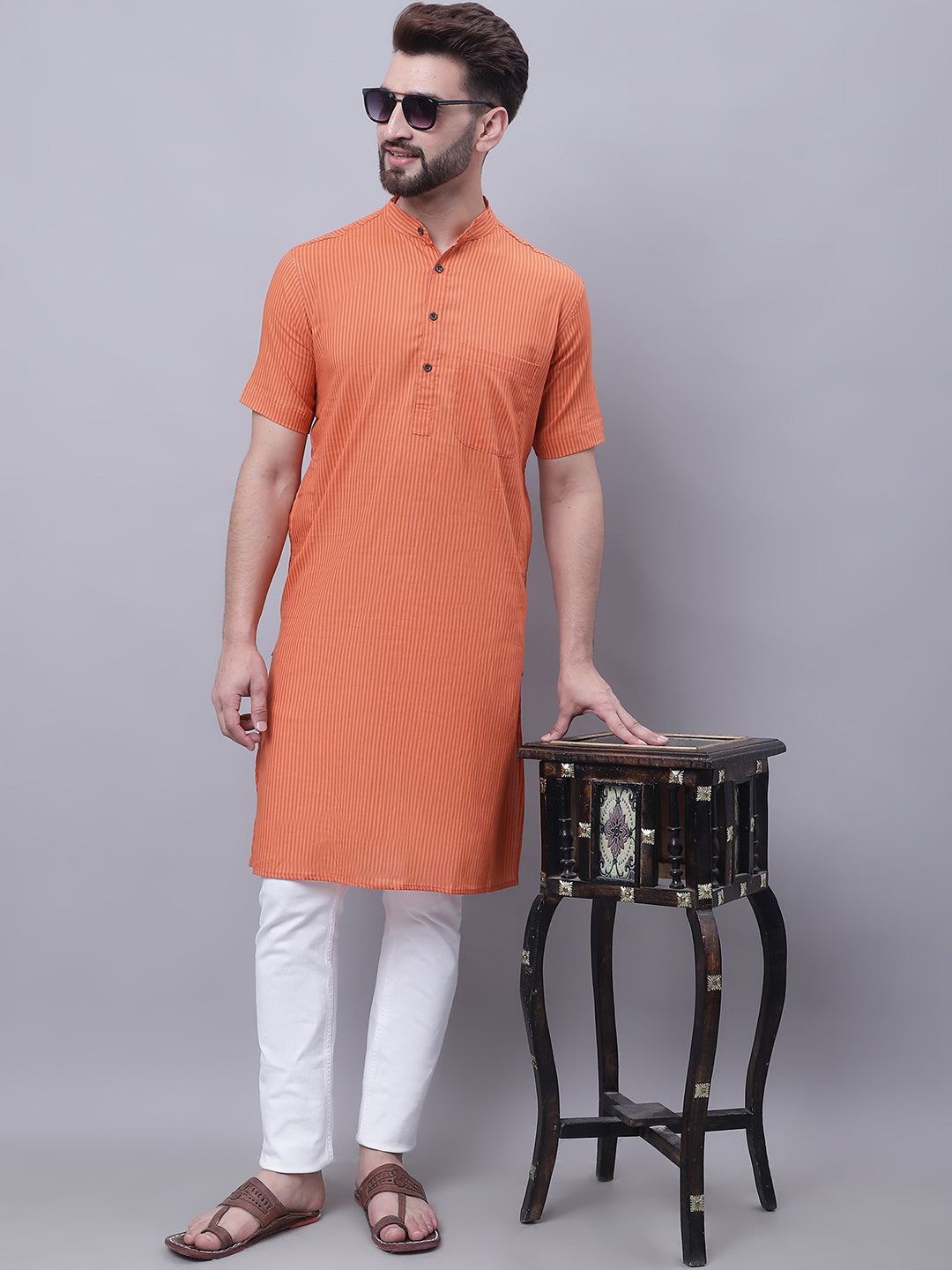 Even Apparels Rust Pure Cotton Short Sleeves Kurta With Band Collar