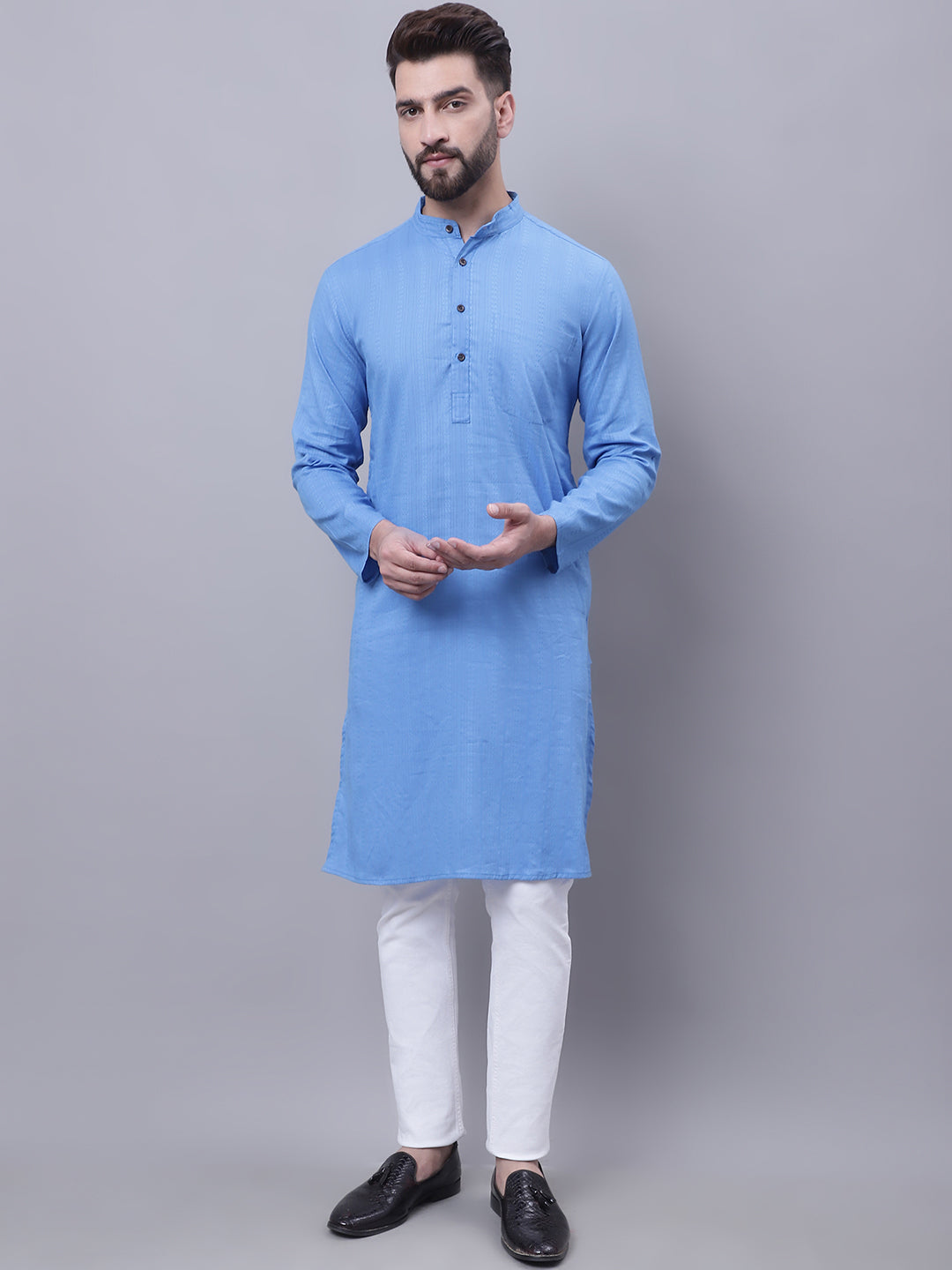 Even Apparels Blue Pure Cotton Kurta With Band Collar