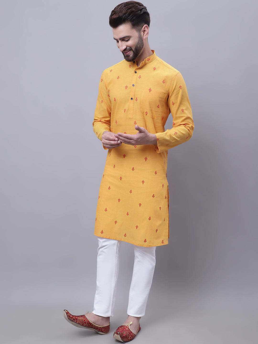 Even Apparels Yellow Pure Cotton Kurta With Band Collar