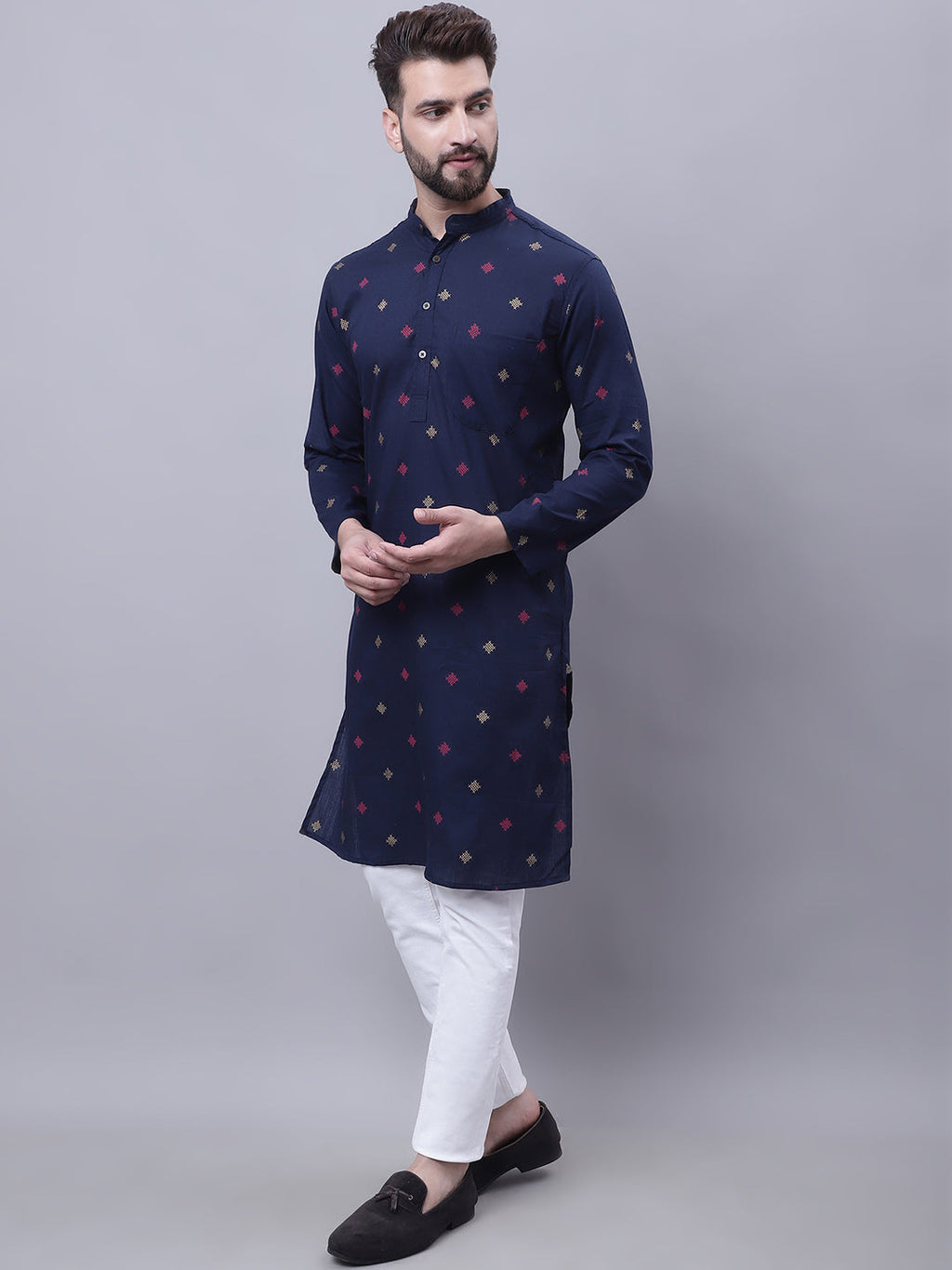 Even Apparels Blue Pure Cotton Kurta With Band Collar