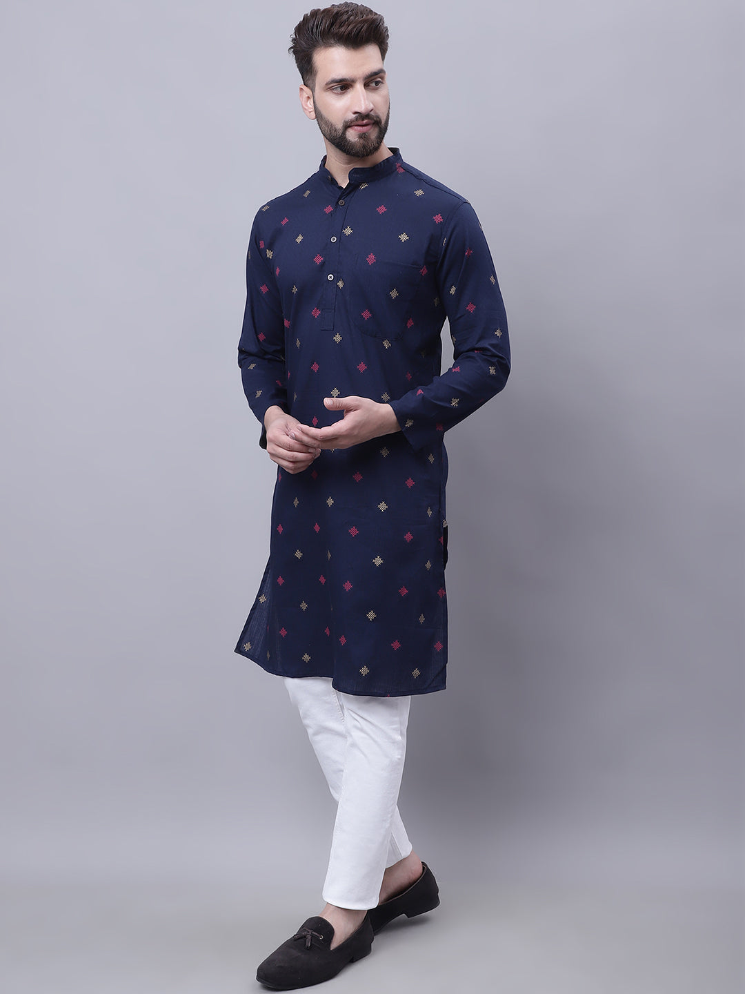 Even Apparels Blue Pure Cotton Kurta With Band Collar