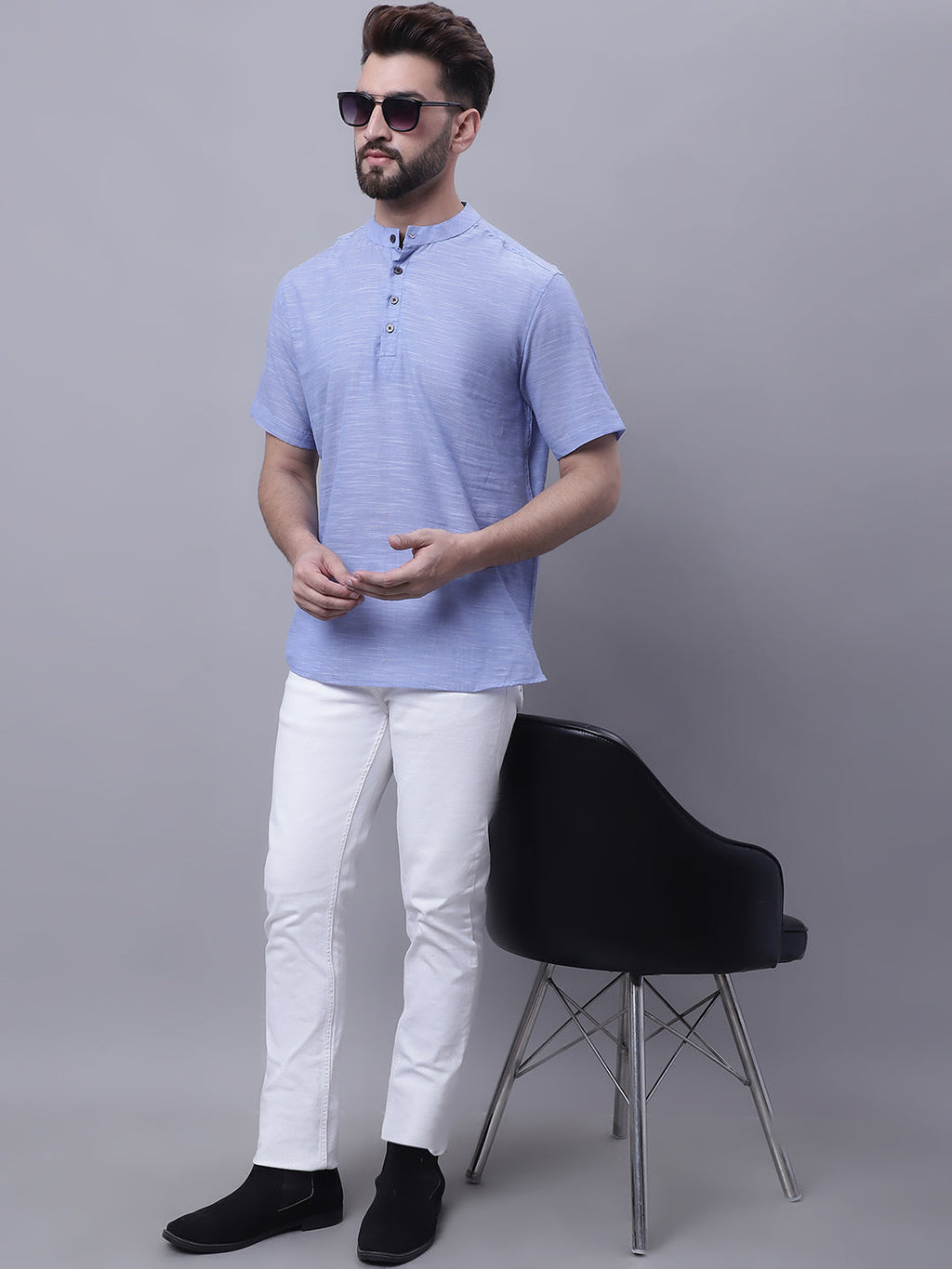 Even Apparels Blue Pure Cotton Short Kurta With Band Collar